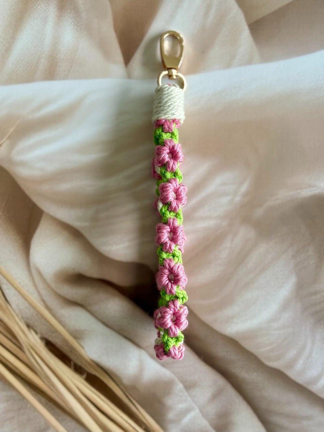 Macramé Flower Wristlet Keychain Handmade Wrist Strap Keychain – Gift on Brown Living™. SKU: FW009. Img 2.