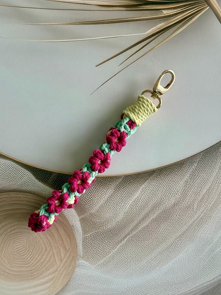 Macramé Flower Wristlet Keychain Handmade Wrist Strap Keychain – Gift on Brown Living™. SKU: FW009. Img 8.