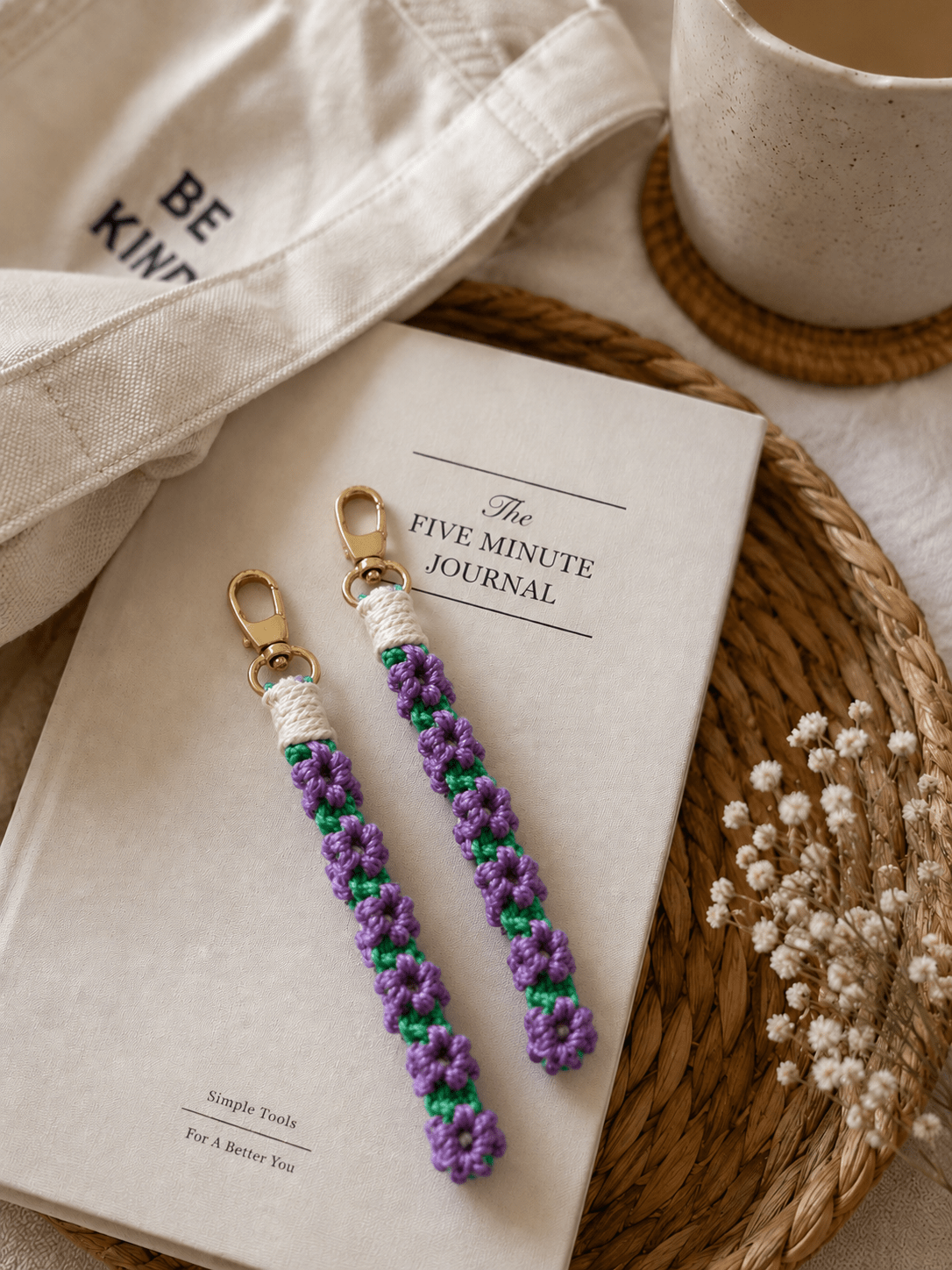 Macramé Flower Wristlet Keychain Handmade Wrist Strap Keychain – Gift on Brown Living™. SKU: FW009. Img 1.
