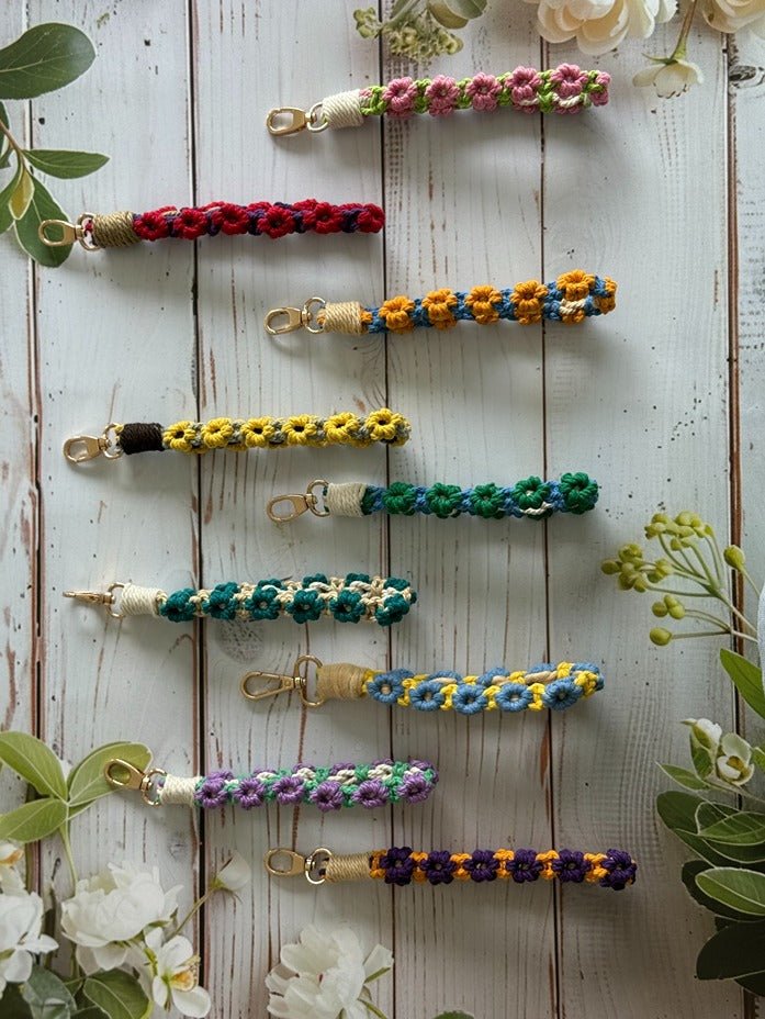 Macramé Flower Wristlet Keychain Handmade Wrist Strap Keychain – Gift on Brown Living™. SKU: FW009. Img 4.