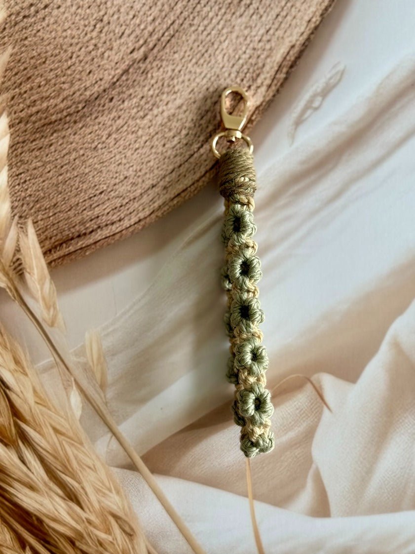 Macramé Flower Wristlet Keychain Handmade Wrist Strap Keychain – Gift on Brown Living™. SKU: FW009. Img 1.