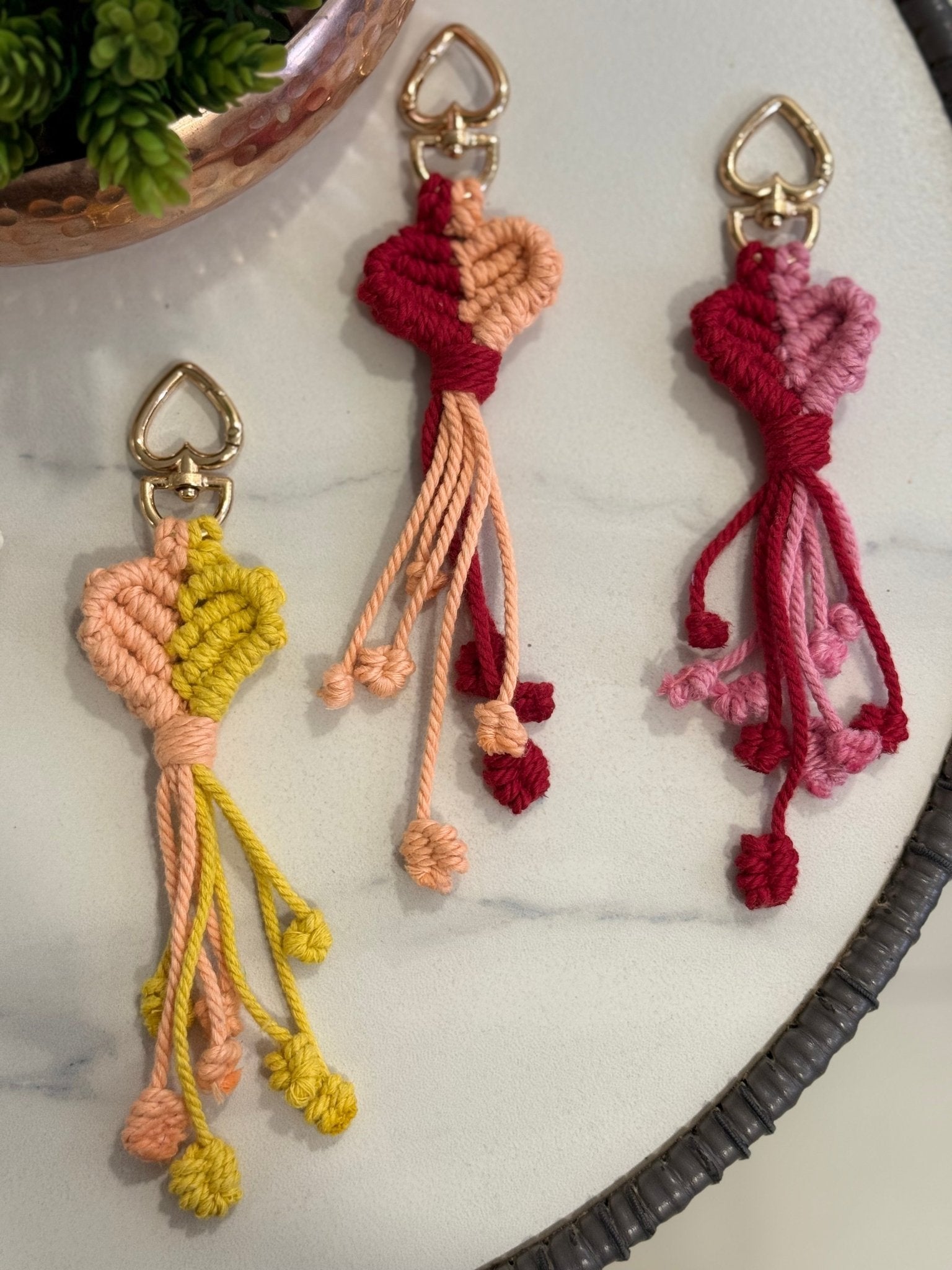 Macrame Heart Keychain Handmade Boho Keychain Charm – Gift on Brown Living™. SKU: HK006. Img 1.