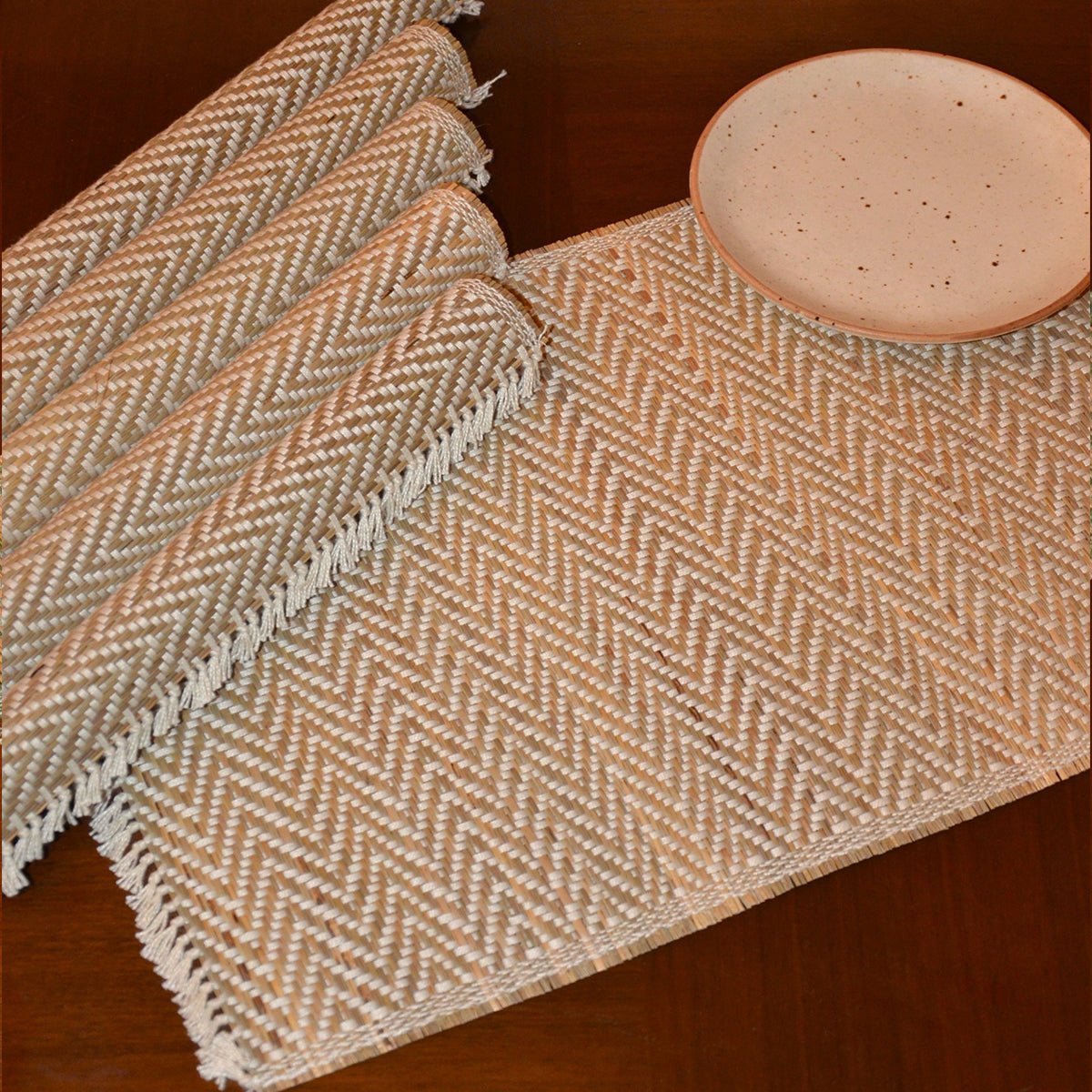 Madurkathi Chevron Tassels Placemats - Rust (Set of 6) – Table Linens by DHARINI available on Brown Living™. Ivory . SKU: MKTMAT019C. Img 6.