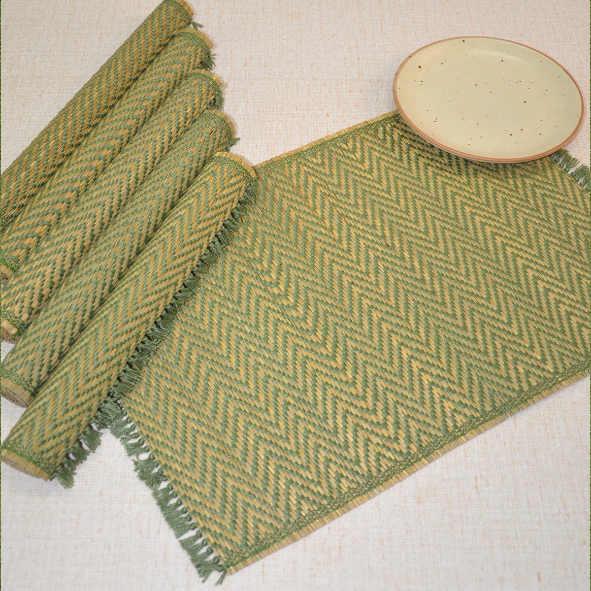 Madurkathi Chevron Tassels Placemats - Rust (Set of 6) – Table Linens by DHARINI available on Brown Living™. Sage - Green . SKU: MKTMAT019A. Img 5.