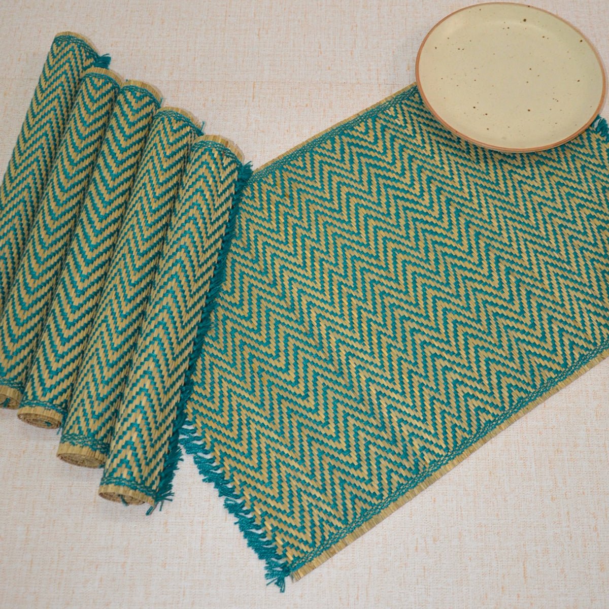 Madurkathi Chevron Tassels Placemats - Rust (Set of 6) – Table Linens by DHARINI available on Brown Living™. Teal . SKU: MKTMAT019E. Img 8.