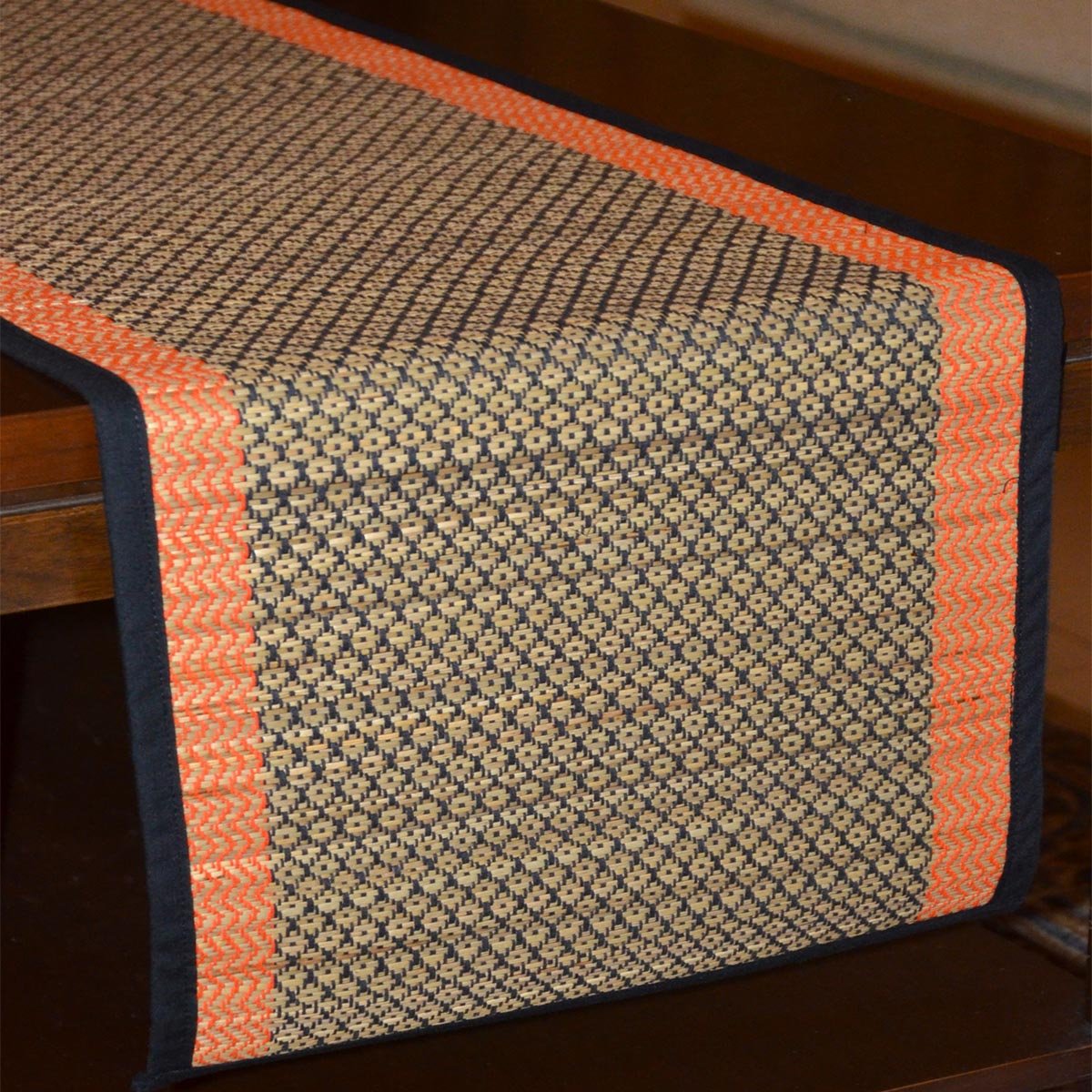 Madurkathi Diamond Table Runner – Table Linens by DHARINI available on Brown Living™. Black Orange . SKU: MKDRUN005E - n. Img 2.