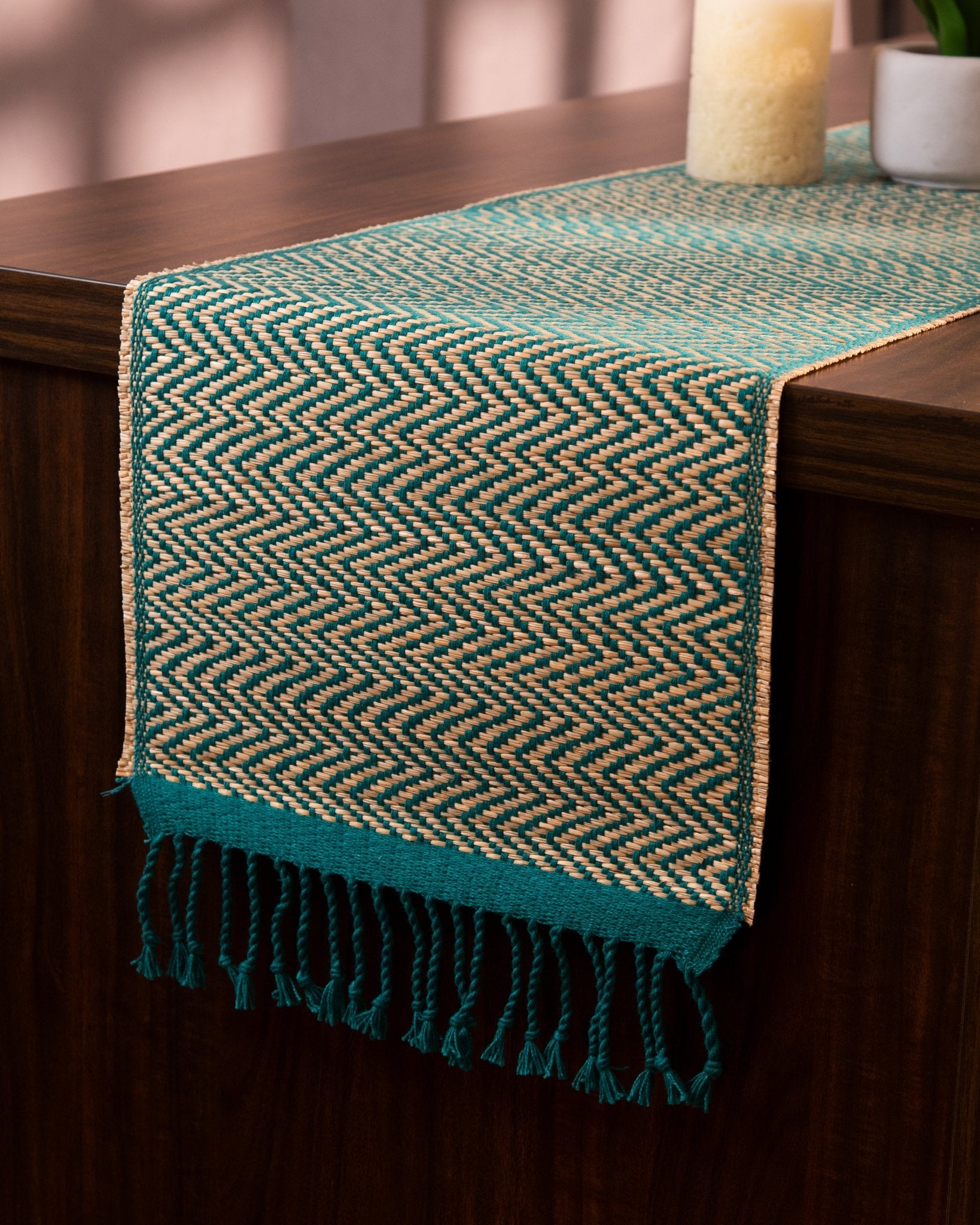 Madurkathi Tassels Chevron Table Runner Large – Table Linens on Brown Living™. SKU: MKTRUN018E. Img 1.