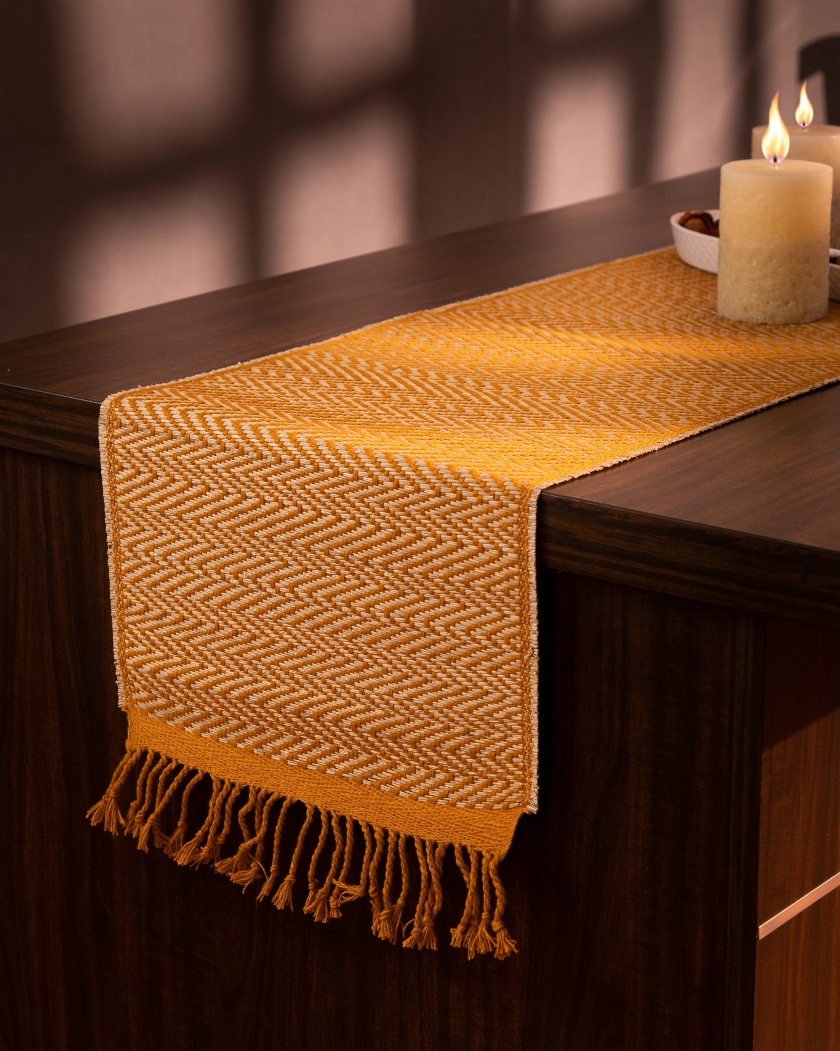 Madurkathi Tassels Chevron Table Runner Large – Table Linens on Brown Living™. SKU: MKTRUN018E. Img 2.