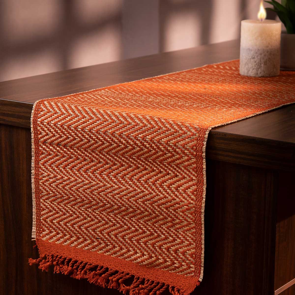Madurkathi Tassels Chevron Table Runner – Table Linens on Brown Living™. SKU: MKTRUN018C-nIvory. Img 11.