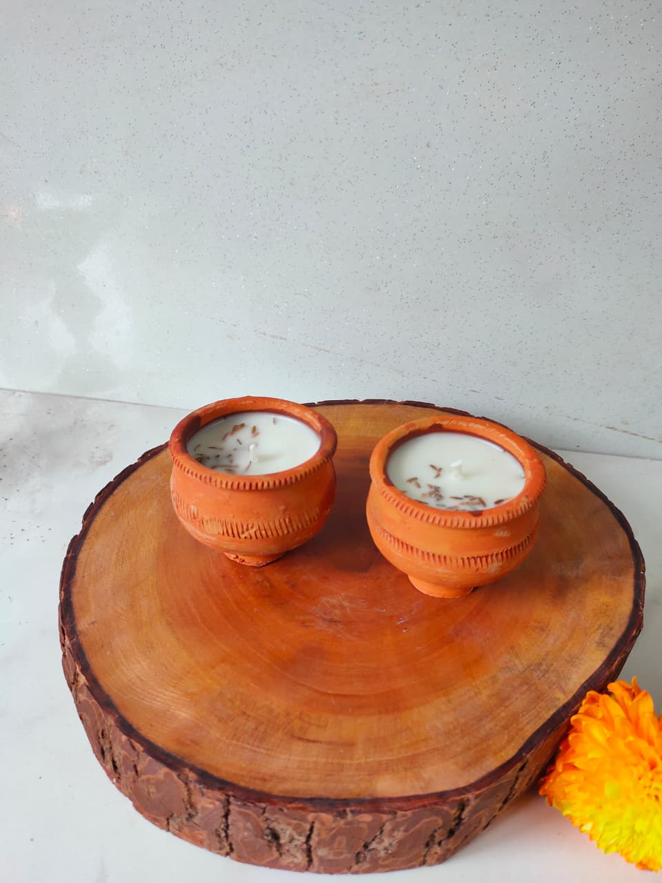 Magnolia Terracotta Candles (Set of 2) | Floral Scented Mitti Candles – Candles & Fragrances on Brown Living™. SKU: BMSTV01. Img 2.