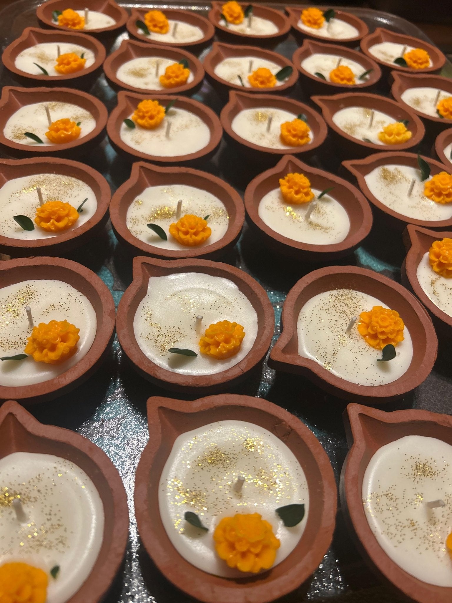 Marigold Diyas Set of 4 | Handcrafted Decorative Festive Oil Lamps – Candles & Fragrances on Brown Living™. SKU: MD1008. Img 2.