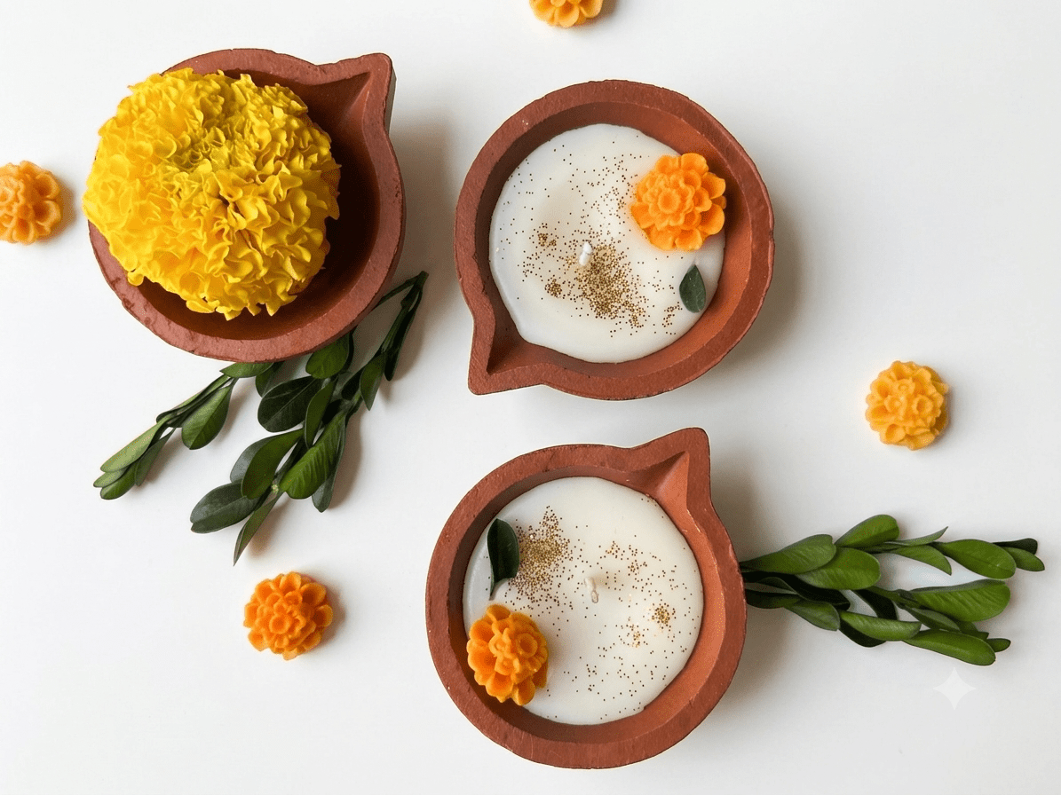Marigold Diyas Set of 4 | Handcrafted Decorative Festive Oil Lamps – Candles & Fragrances on Brown Living™. SKU: MD1008. Img 1.