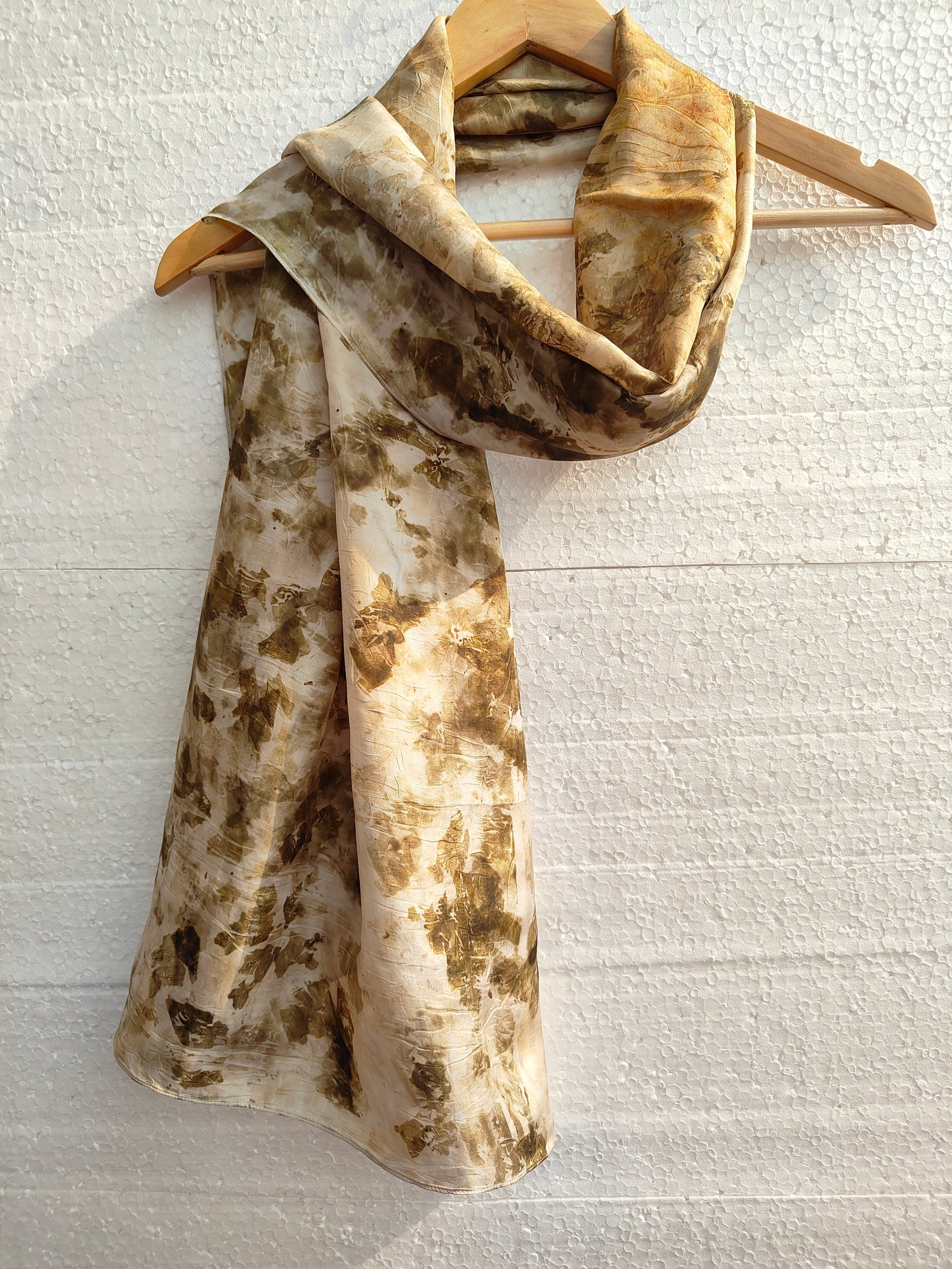 Marigold & Onion - Dyed Pure Silk Scarf – Handmade & Ecoprinted – Womens Scarf on Brown Living™. SKU: MO-SCARF-001. Img 1.