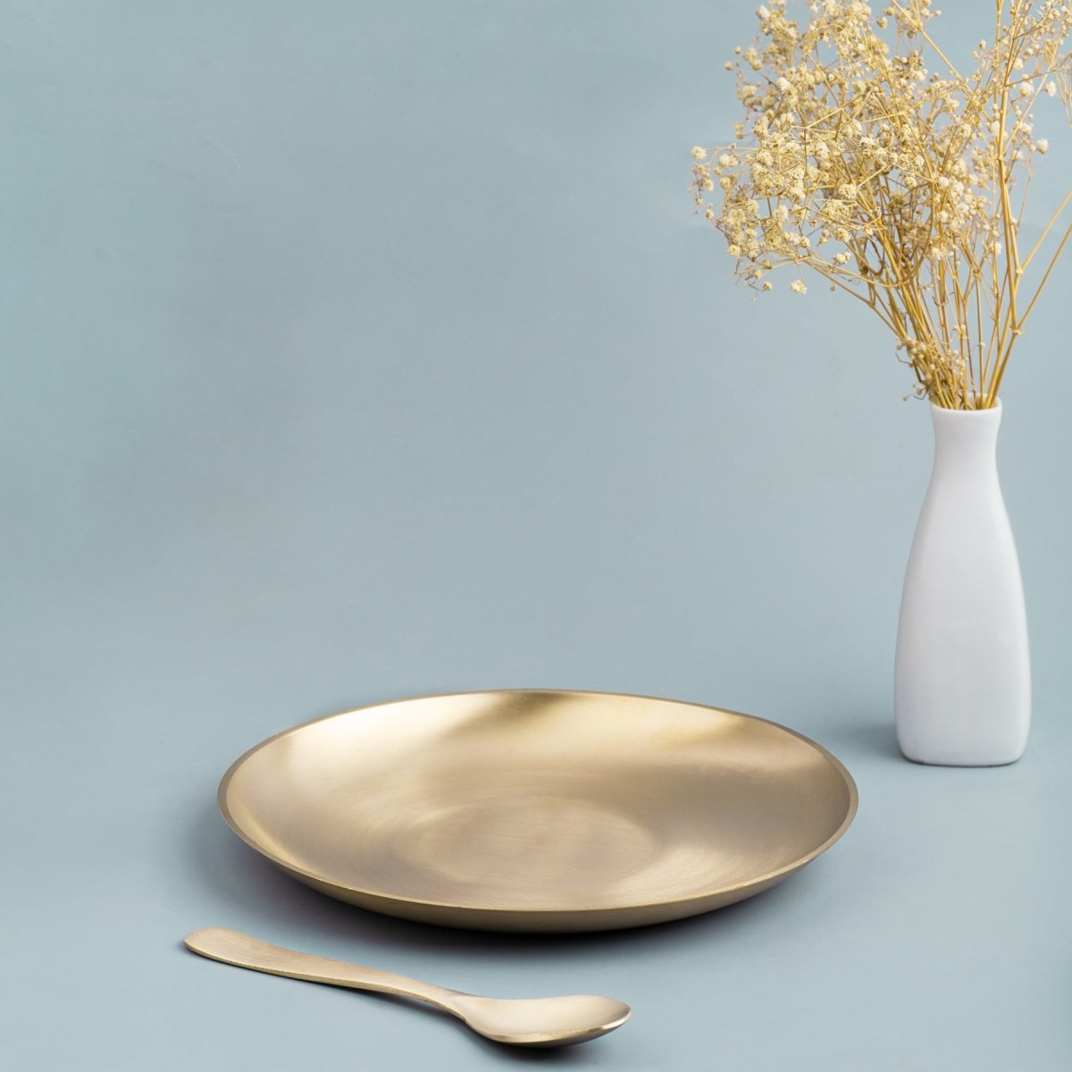 Matt Finish Bronze Handmade Breakfast Plate with Spoon – Dinner Set on Brown Living™. SKU: Bronze - Breakfast - Plate - 460g - packof2. Img 2.