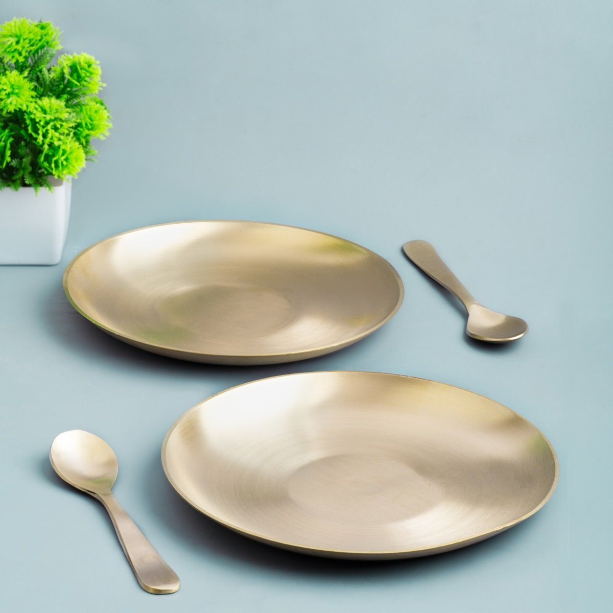 Matt Finish Bronze Handmade Breakfast Plate with Spoon – Dinner Set on Brown Living™. SKU: Bronze - Breakfast - Plate - 460g - packof2. Img 1.