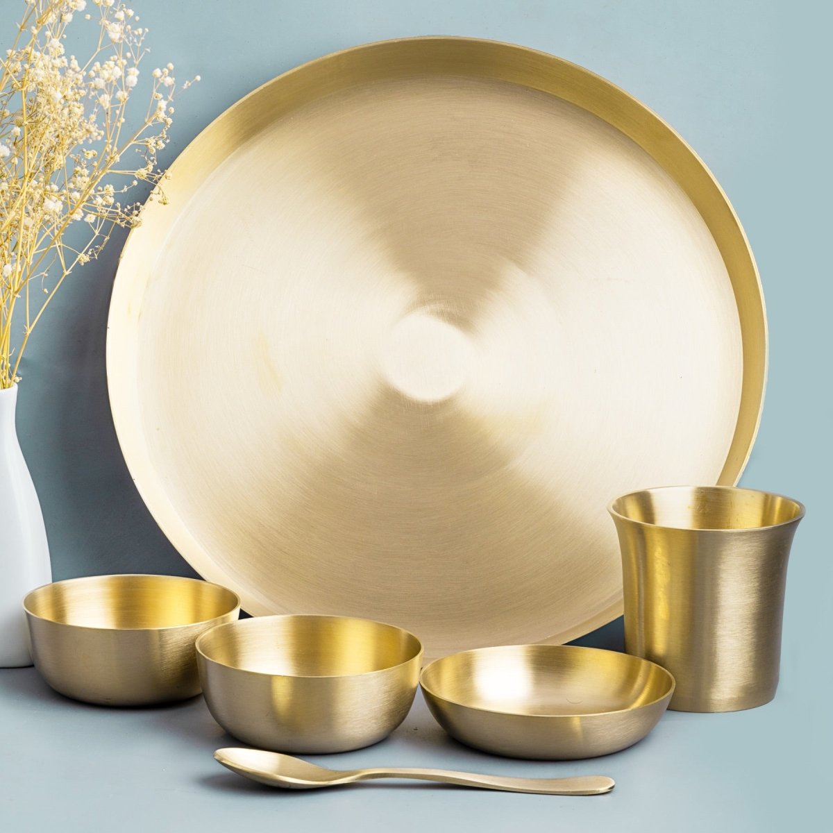 Matt Finish Handmade Bronze Thali Plate - Complete Set – Dinner Set on Brown Living™. SKU: Bronze - Plate - set - 970g - packof6. Img 2.