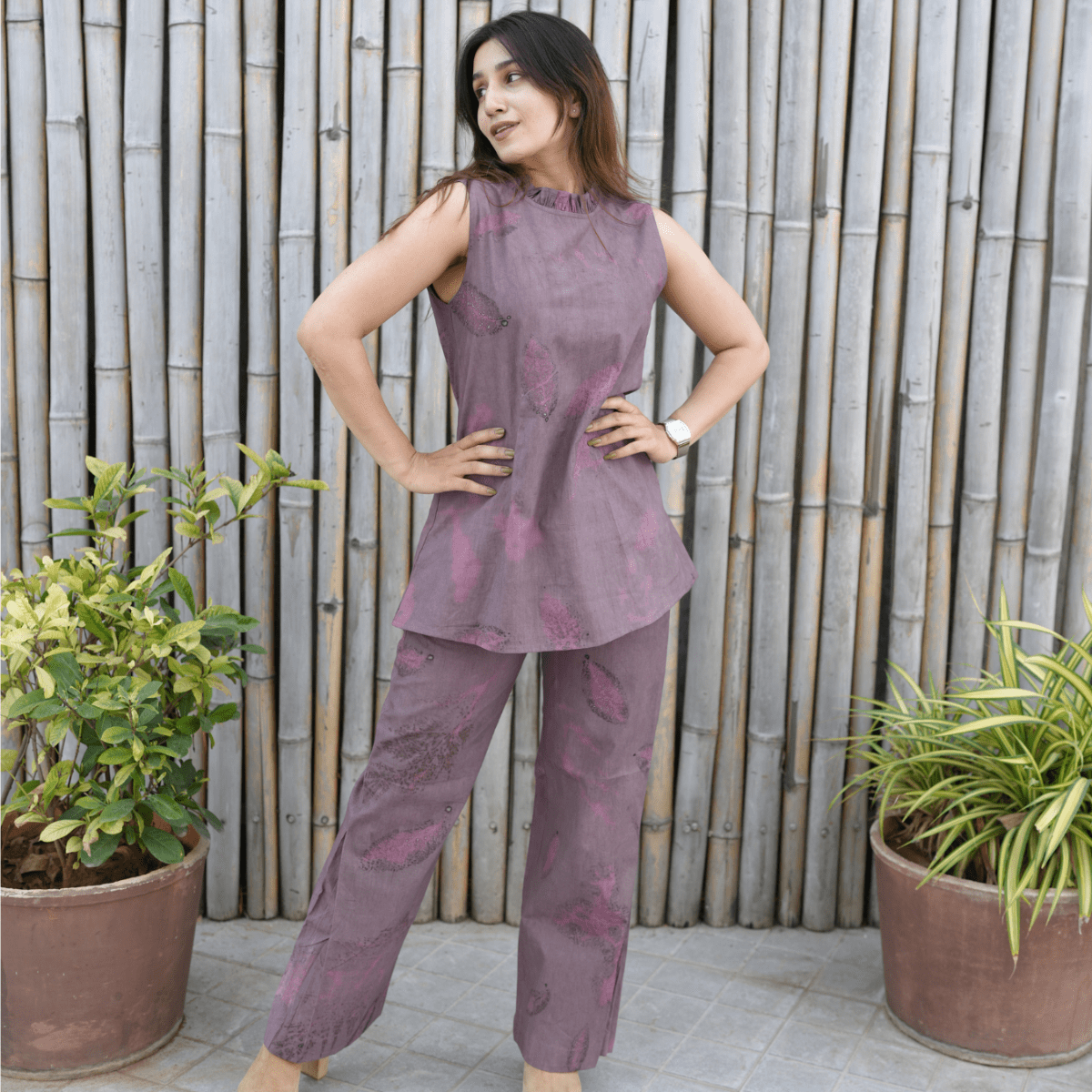 Mauve Mist Botanical Co - ord Set for Women | Organic Cotton Eco - Printed – Womens Co - Ord Sets on Brown Living™. SKU: AAYU-0021. Img 5.