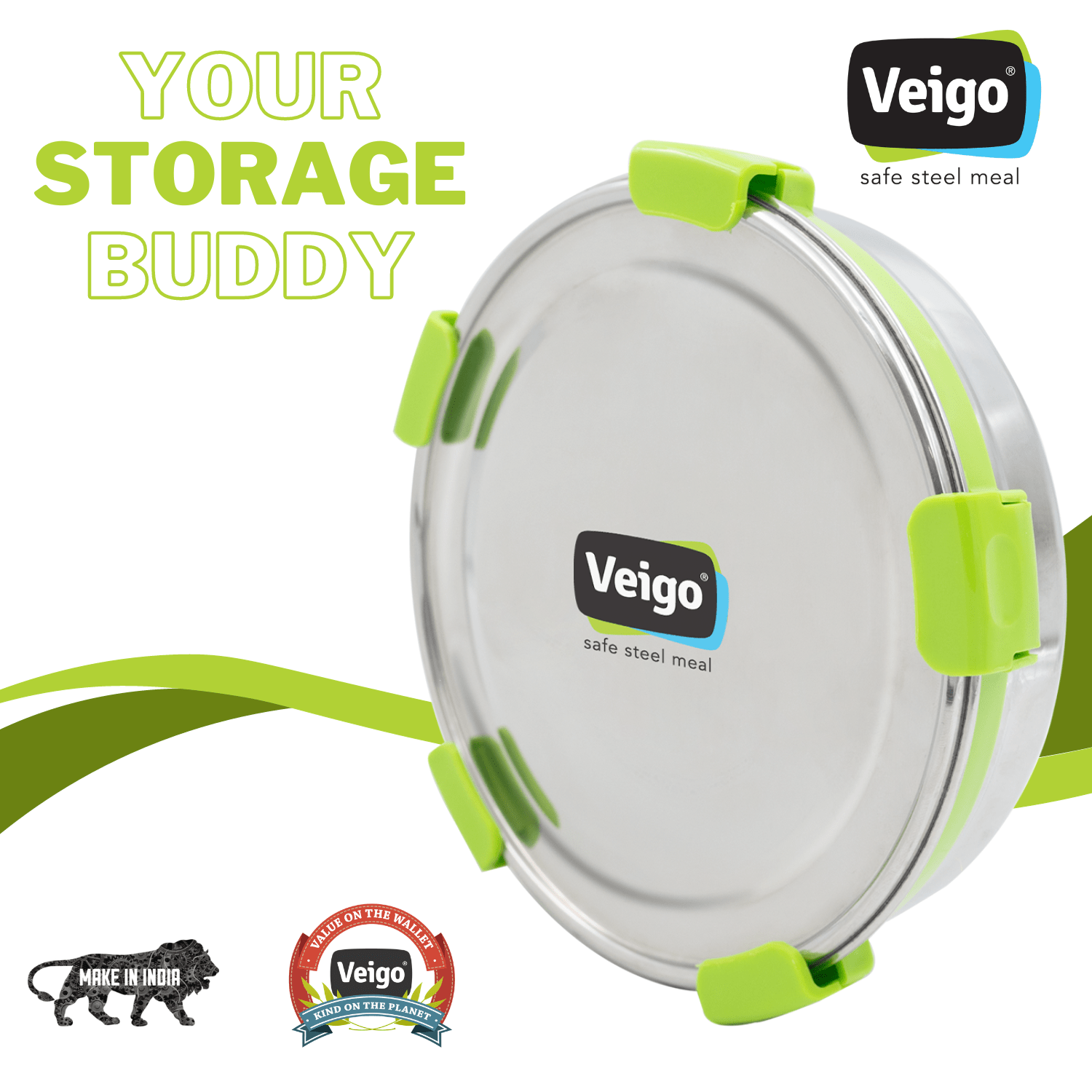 MaxoSteel Round Stainless Steel Storage - Set of 3 – Lunch Box on Brown Living™. SKU: Veigo_MaxoSteel_Round_325_700_950_Green. Img 4.