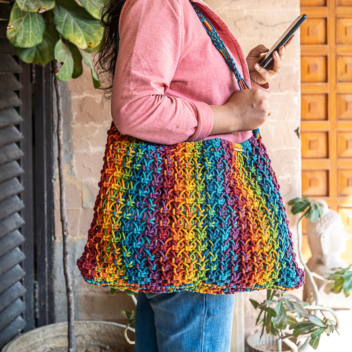 Maya Blended Striped Hand - Knotted Tote | Artisan Handmade Bag – Tote Bag on Brown Living™. SKU: S23MCMAYTO167-BL. Img 3.