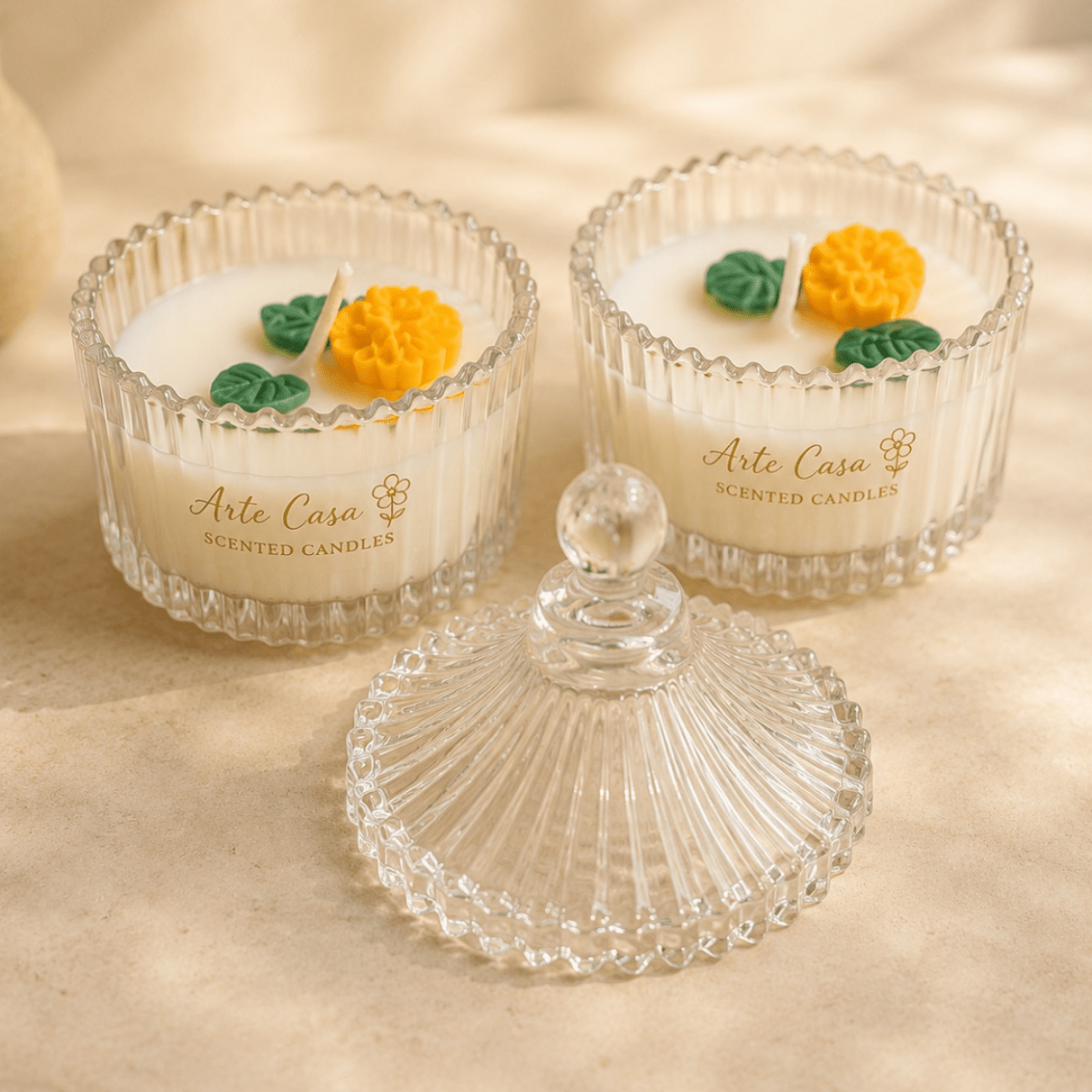 Meadow Duo Yellow & Green Glass Candle Set | Oudh Soy Wax – Candles & Fragrances on Brown Living™. SKU: D-415. Img 1.