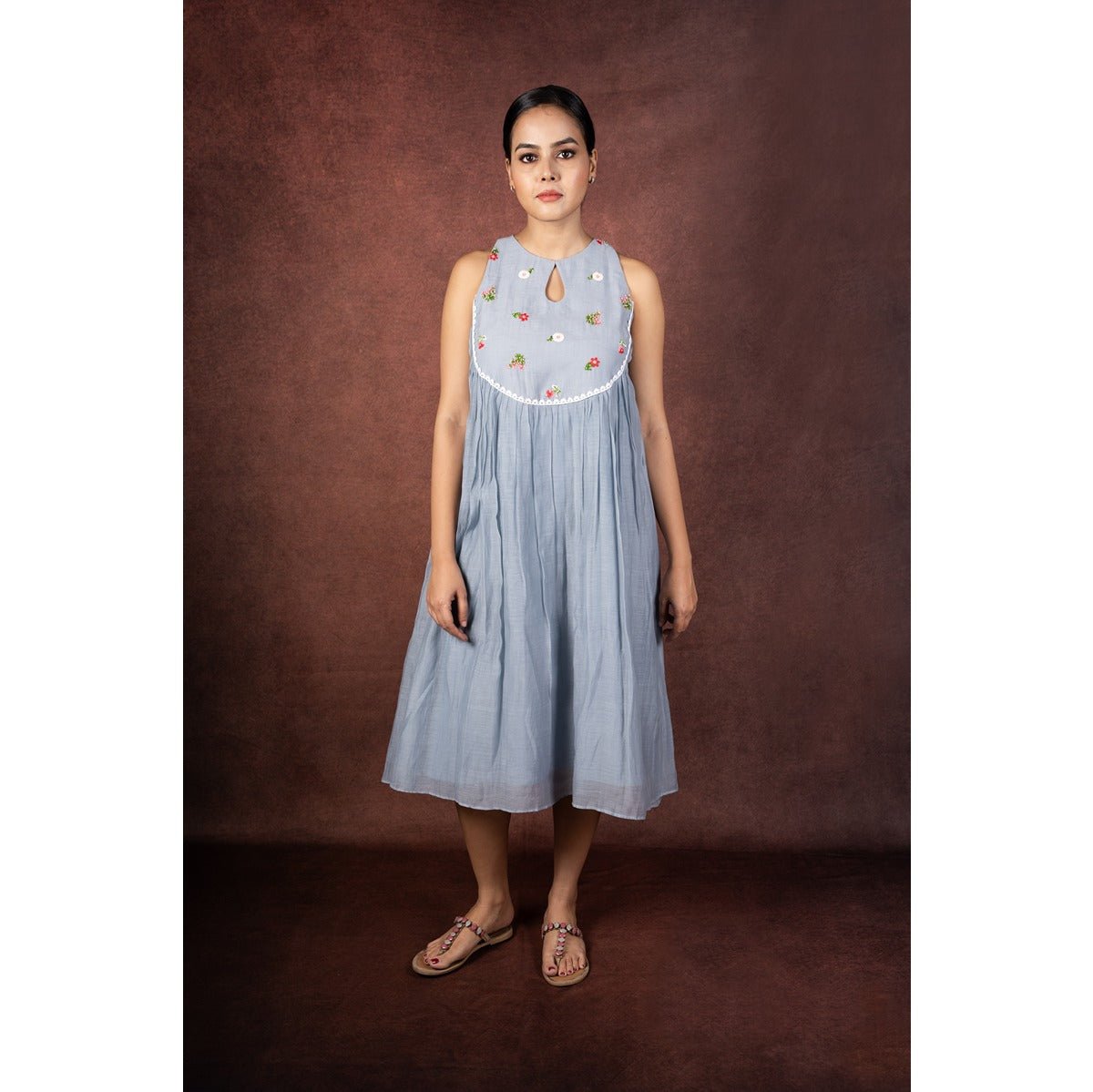 Megh - Soft Powder Blue Flared Chanderi Dress with Embroidered Yoke – Womens Dress on Brown Living™. SKU: HD1020XSN. Img 4.