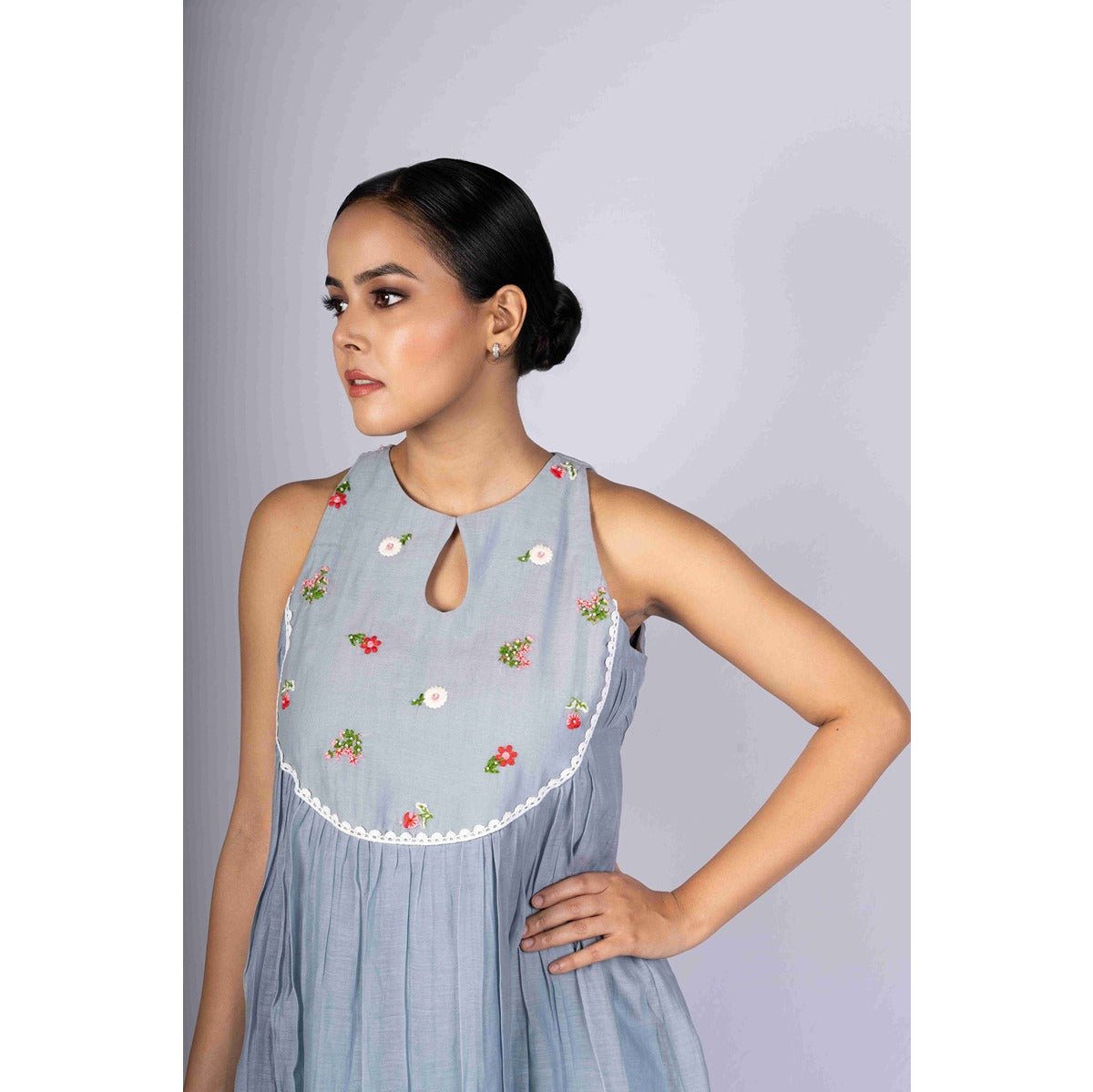 Megh - Soft Powder Blue Flared Chanderi Dress with Embroidered Yoke – Womens Dress on Brown Living™. SKU: HD1020XSN. Img 2.