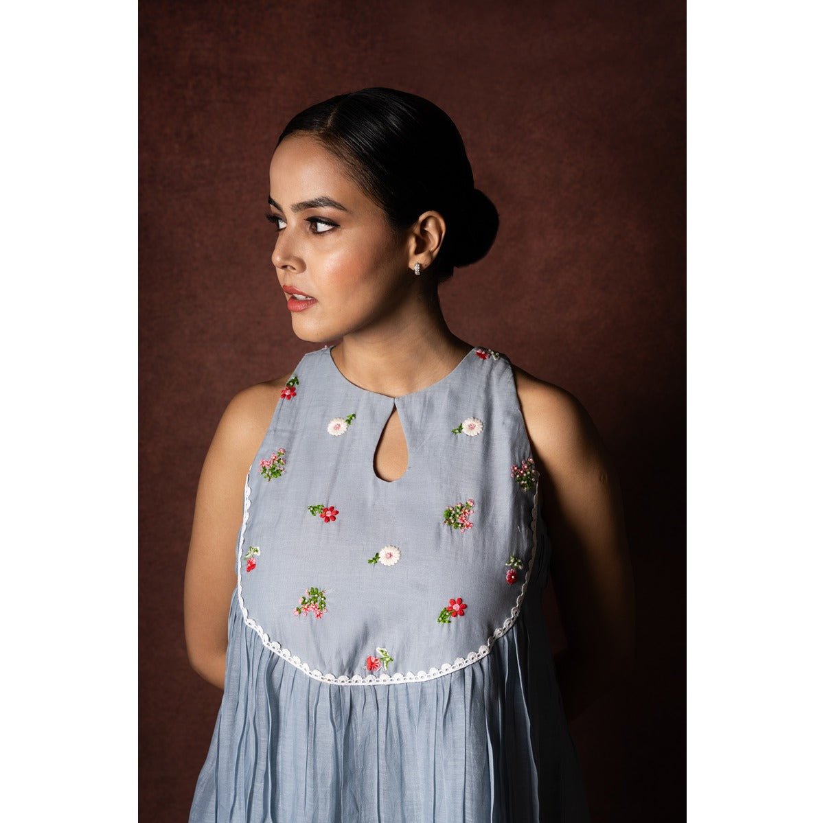 Megh - Soft Powder Blue Flared Chanderi Dress with Embroidered Yoke – Womens Dress on Brown Living™. SKU: HD1020XSN. Img 5.