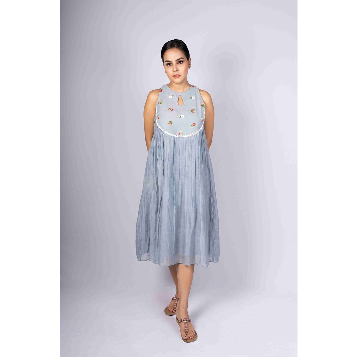 Megh - Soft Powder Blue Flared Chanderi Dress with Embroidered Yoke – Womens Dress on Brown Living™. SKU: HD1020XSN. Img 1.