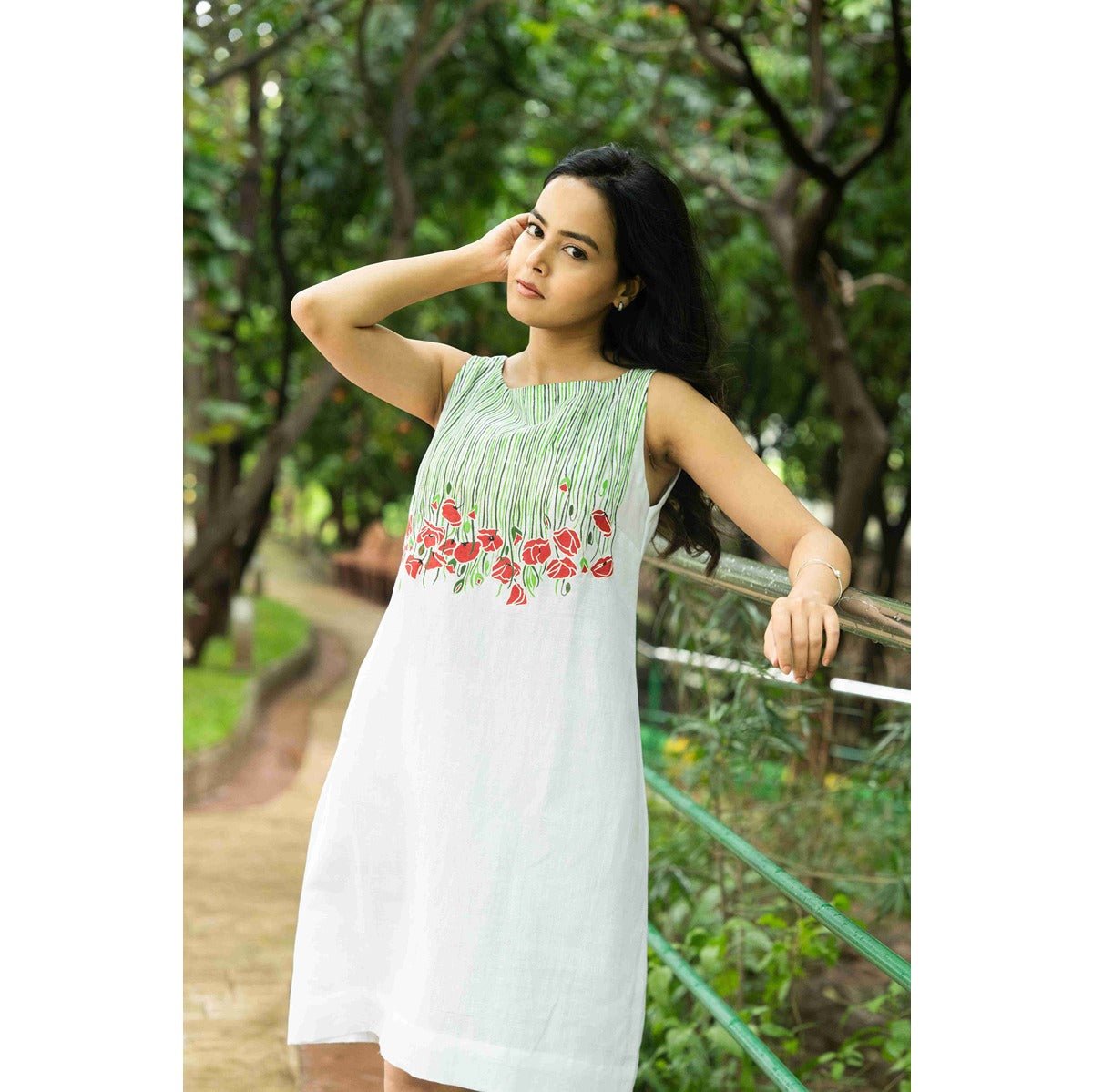 Meher Pearl White Shift Linen Blend Dress With Hand Painting – Womens Dress on Brown Living™. SKU: HD1002XSN. Img 1.