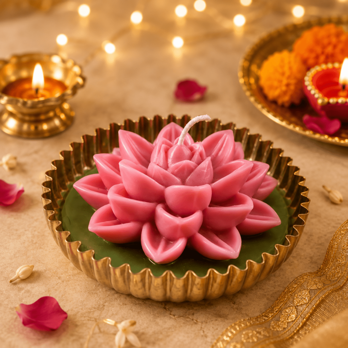 Mehfil Bloom Green & Pink Urli Flower Candle | Festive Decor – Candles & Fragrances on Brown Living™. SKU: D-459. Img 3.