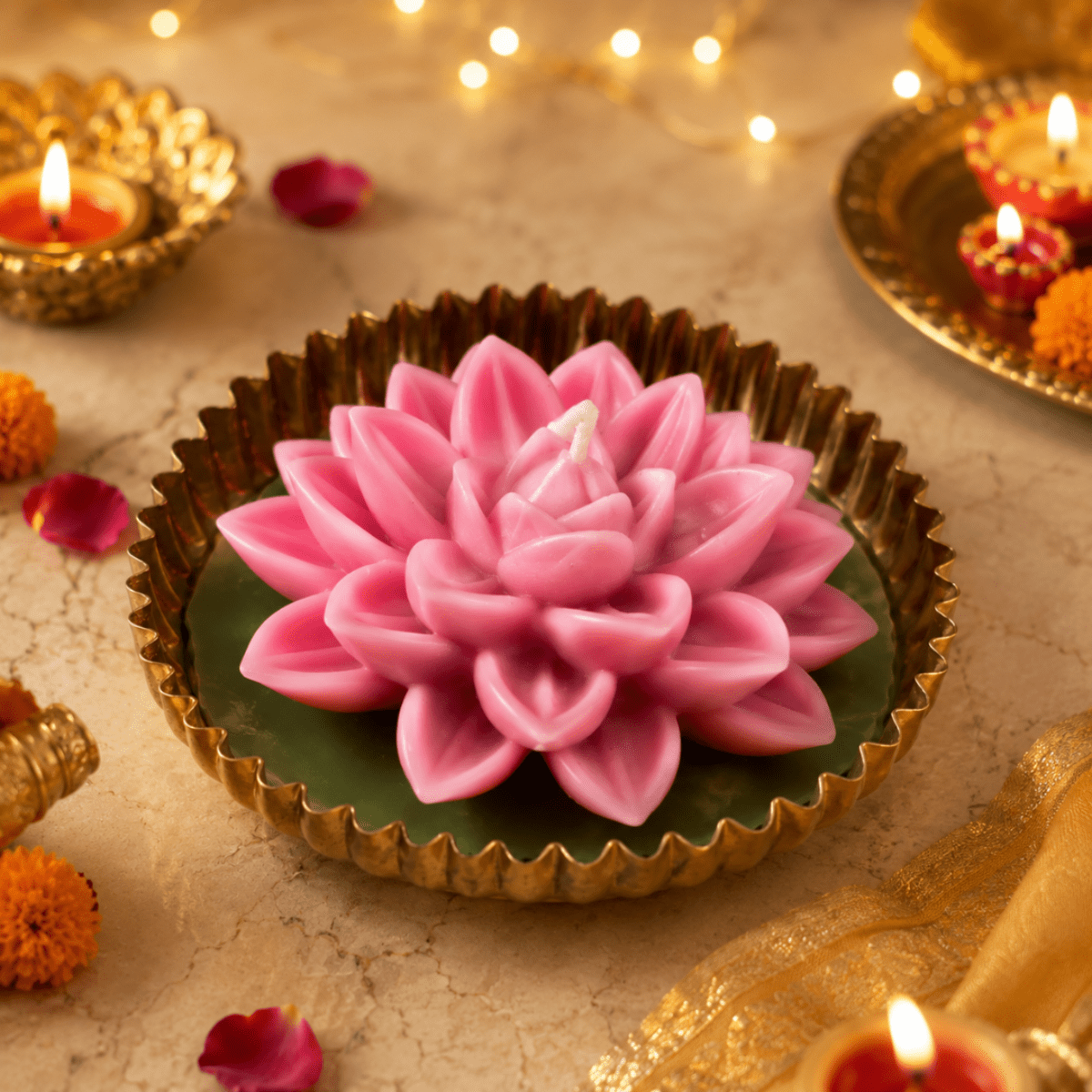 Mehfil Bloom Green & Pink Urli Flower Candle | Festive Decor – Candles & Fragrances on Brown Living™. SKU: D-459. Img 2.