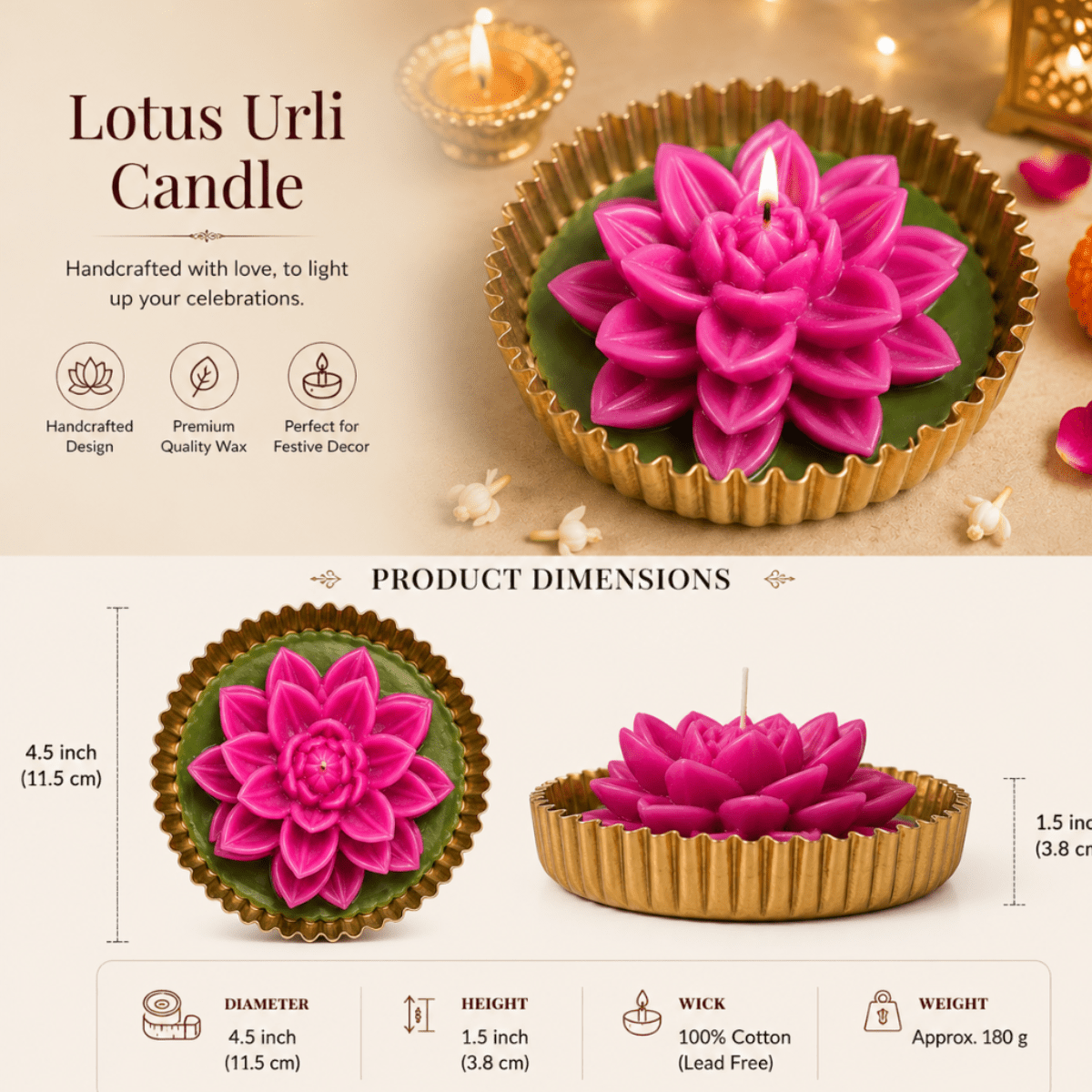 Mehfil Bloom Green & Pink Urli Flower Candle | Festive Decor – Candles & Fragrances on Brown Living™. SKU: D-459. Img 7.