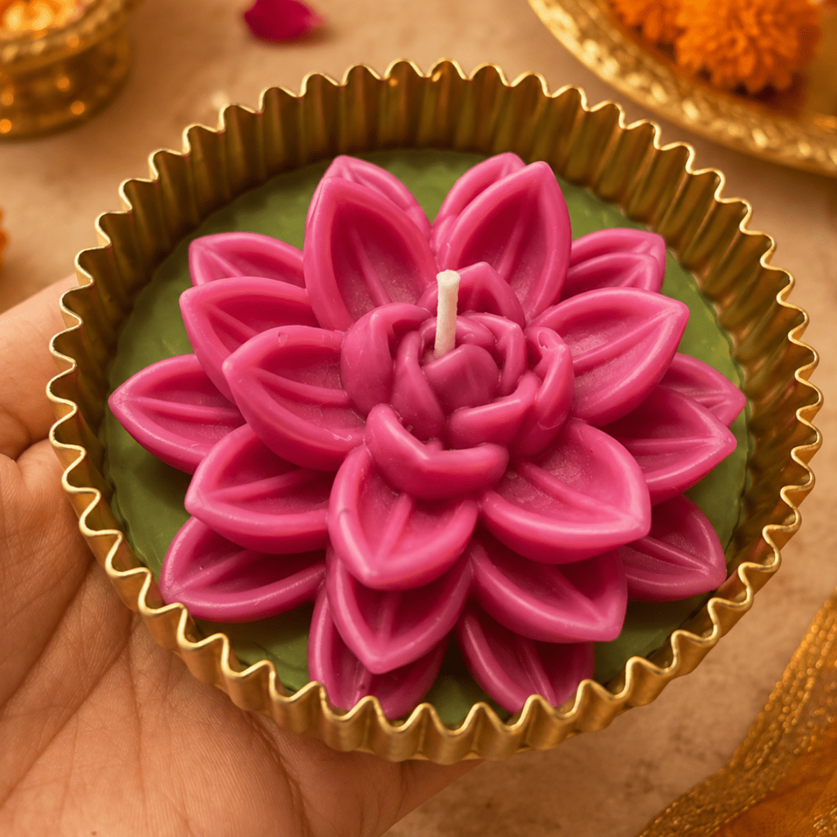 Mehfil Bloom Green & Pink Urli Flower Candle | Festive Decor – Candles & Fragrances on Brown Living™. SKU: D-459. Img 4.