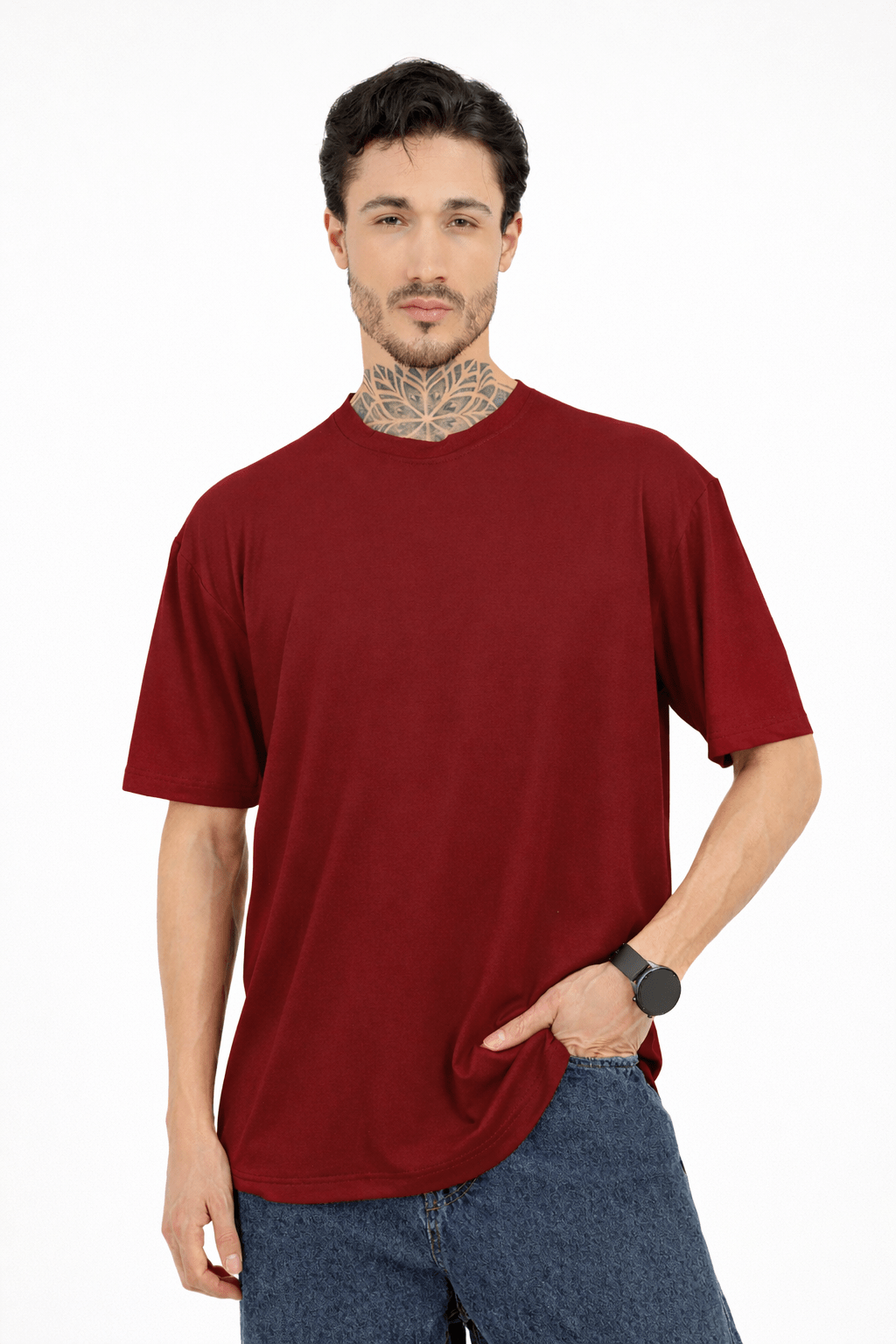 Men Oversized Plain Bamboo T-Shirt – Soft, Breathable & Sustainable – Mens T-Shirt on Brown Living™. SKU: M-PLAIN-OVERSIZ-MRON-M. Img 19.