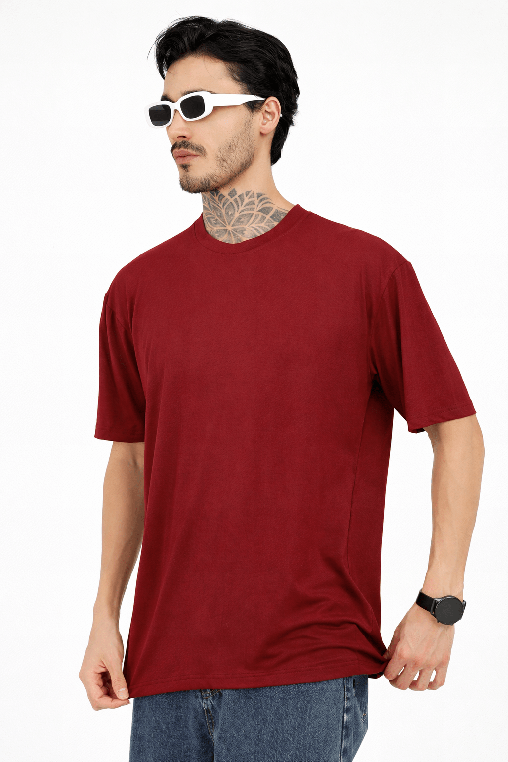 Men Oversized Plain Bamboo T-Shirt – Soft, Breathable & Sustainable – Mens T-Shirt on Brown Living™. SKU: M-PLAIN-OVERSIZ-MRON-M. Img 18.