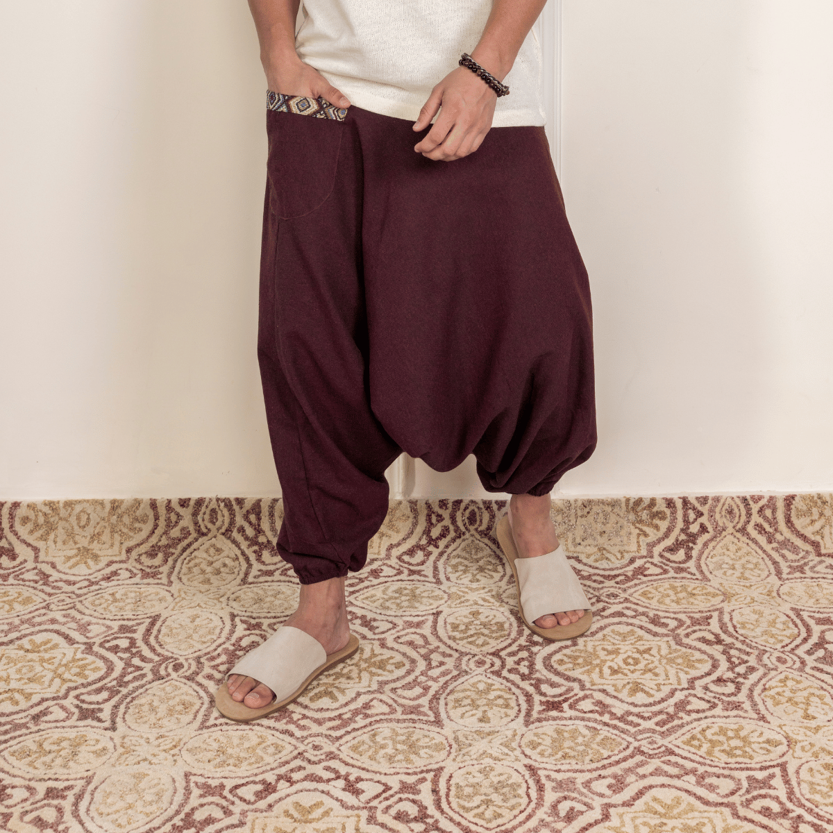 Men's Aladdin Harem Pants | Maroon – Mens Pants by Hope - House of Pure Eco available on Brown Living™. One Size . SKU: AL - HM - 14_M. Img 5.
