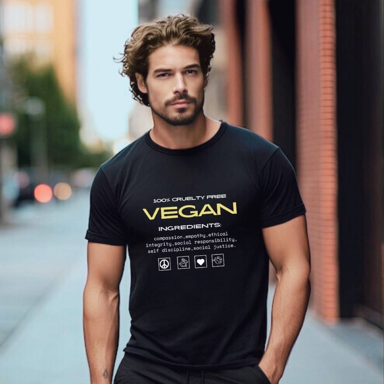 Men’s Black T-Shirt | Relaxed Fit Graphic Tee – Mens T-Shirt on Brown Living™. SKU: 100-cruelty-free-vegan-unisex-Black-S. Img 1.