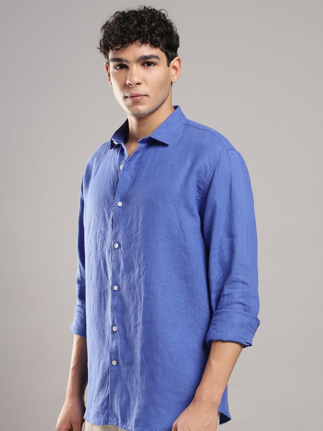 Men’s Blue Linen Full Sleeve Shirt | Pure Linen Casual Shirt – Mens Shirt on Brown Living™. SKU: LN-BL-F-S. Img 1.