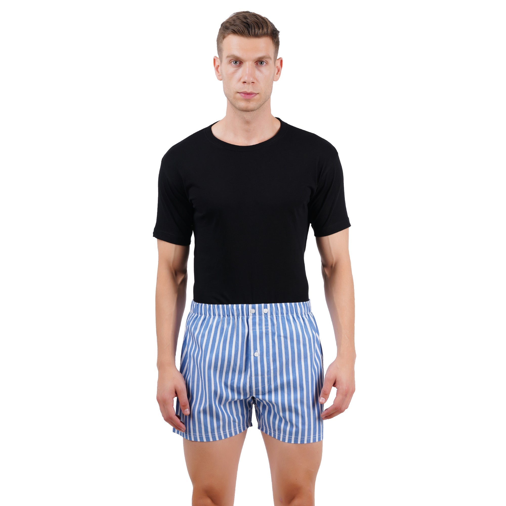 Men’s Boxer Set Blue Stripe Print | Pack Of 3 Comfortable Fit – Mens Shorts on Brown Living™. SKU: ARZIKI013-BLUE-STRIPE-PRINT-M. Img 4.