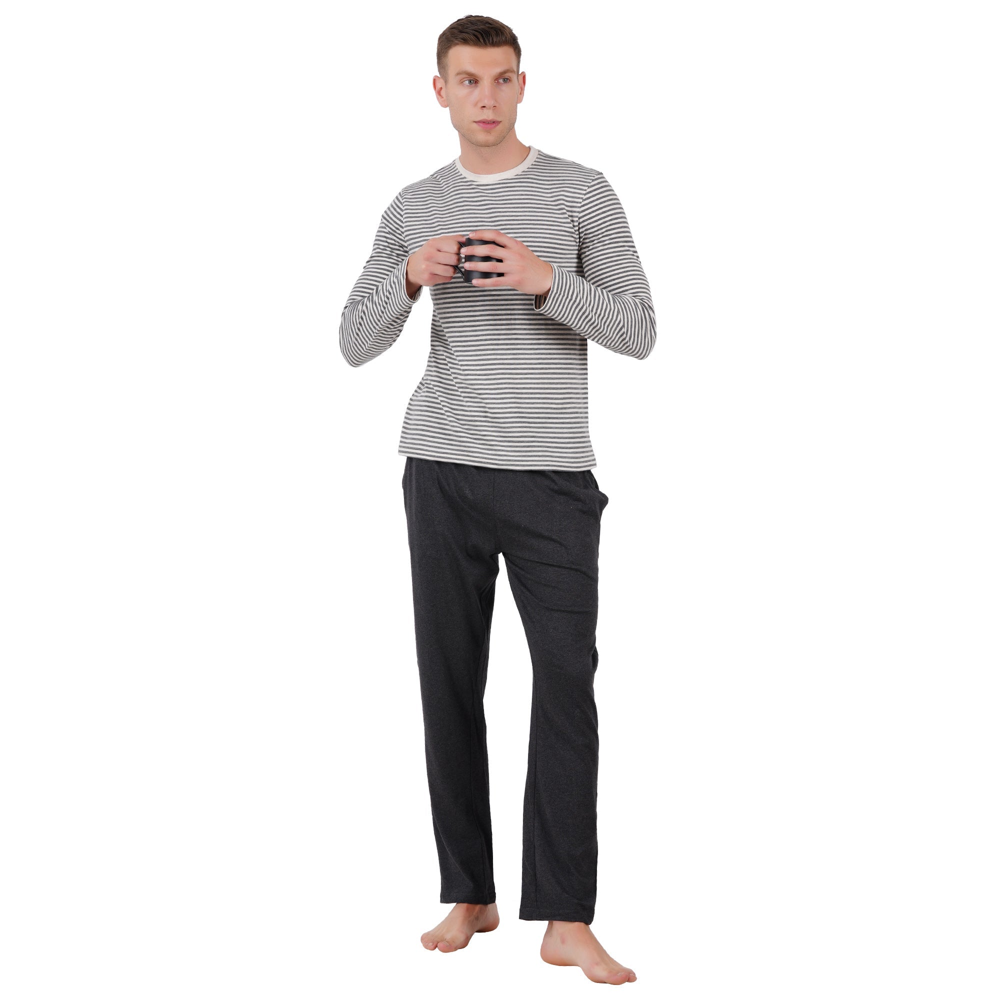 Men’s Grey Melange Nightwear Set | Comfortable Cotton Sleepwear – Mens Pyjama on Brown Living™. SKU: ARZIKI097-GREYMELANGE-M. Img 4.