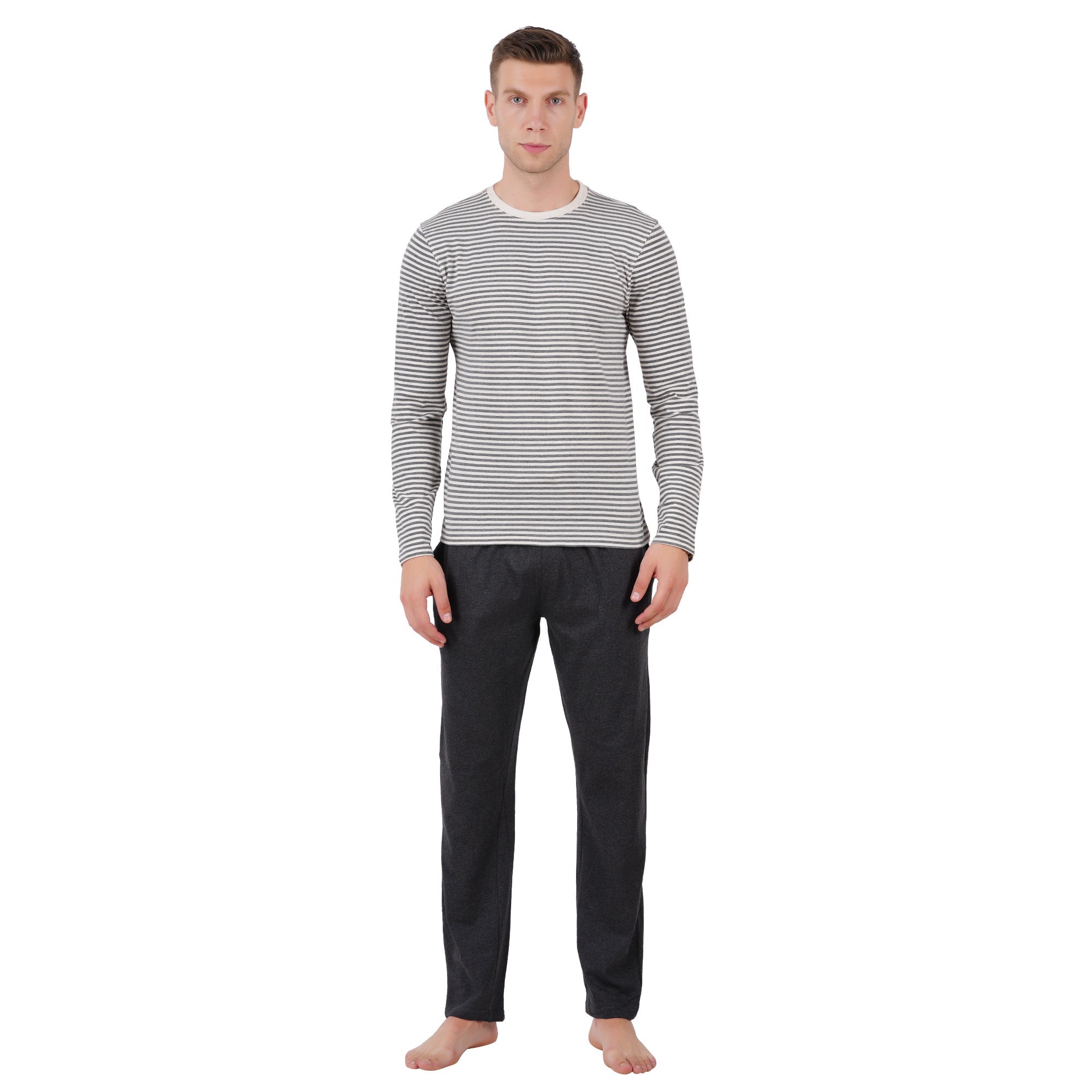 Men’s Grey Melange Nightwear Set | Comfortable Cotton Sleepwear – Mens Pyjama on Brown Living™. SKU: ARZIKI097-GREYMELANGE-M. Img 1.