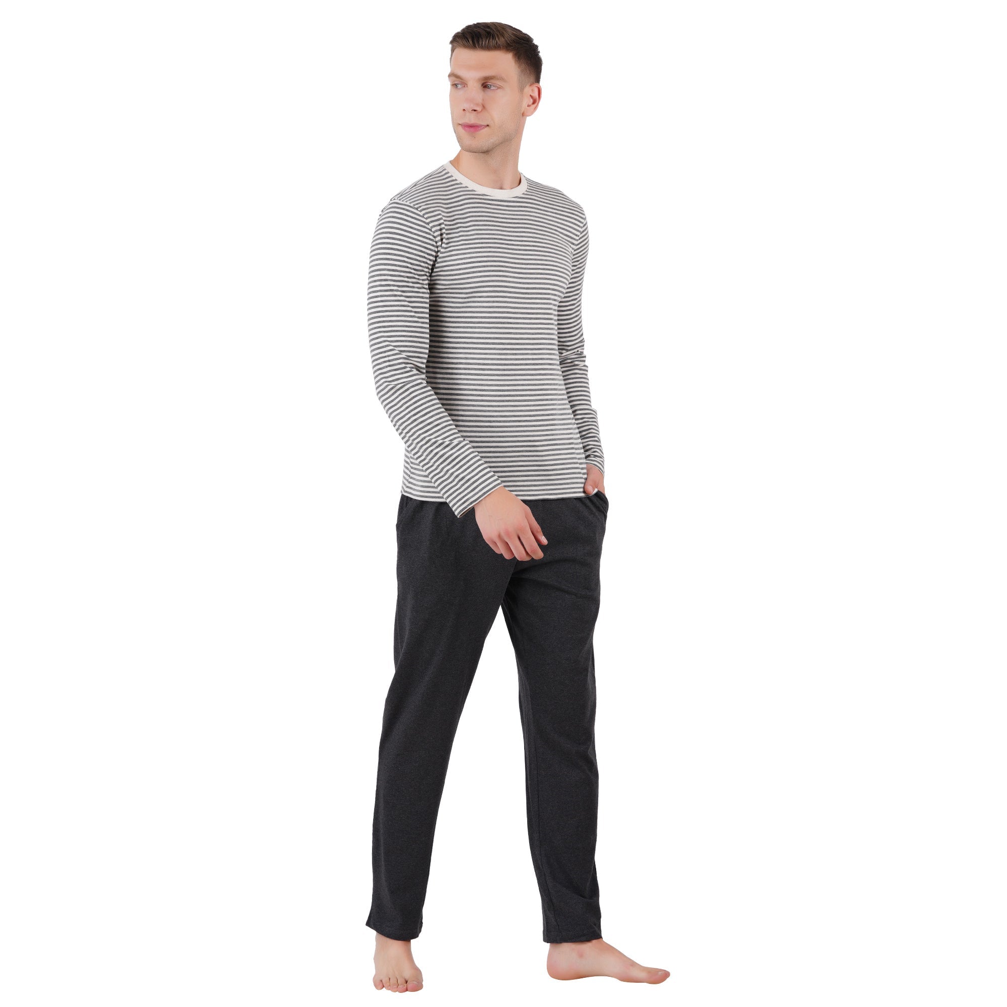 Men’s Grey Melange Nightwear Set | Comfortable Cotton Sleepwear – Mens Pyjama on Brown Living™. SKU: ARZIKI097-GREYMELANGE-M. Img 3.