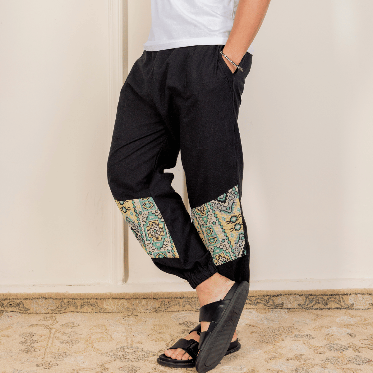 Men's Hopper Joggers | Black with Patterned Patch | Fits Waist Sizes 30 to 38 Inches – Mens Pyjama by Hope - House of Pure Eco available on Brown Living™. . SKU: H - 2_m15. Img 1.