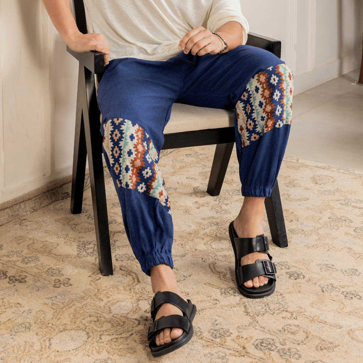 Men's Hopper Joggers | Dark Blue with Patterned Patch | Fits Waist Sizes 30 to 38 Inches – Mens Pyjama by Hope - House of Pure Eco available on Brown Living™. . SKU: H - 2_m11. Img 5.