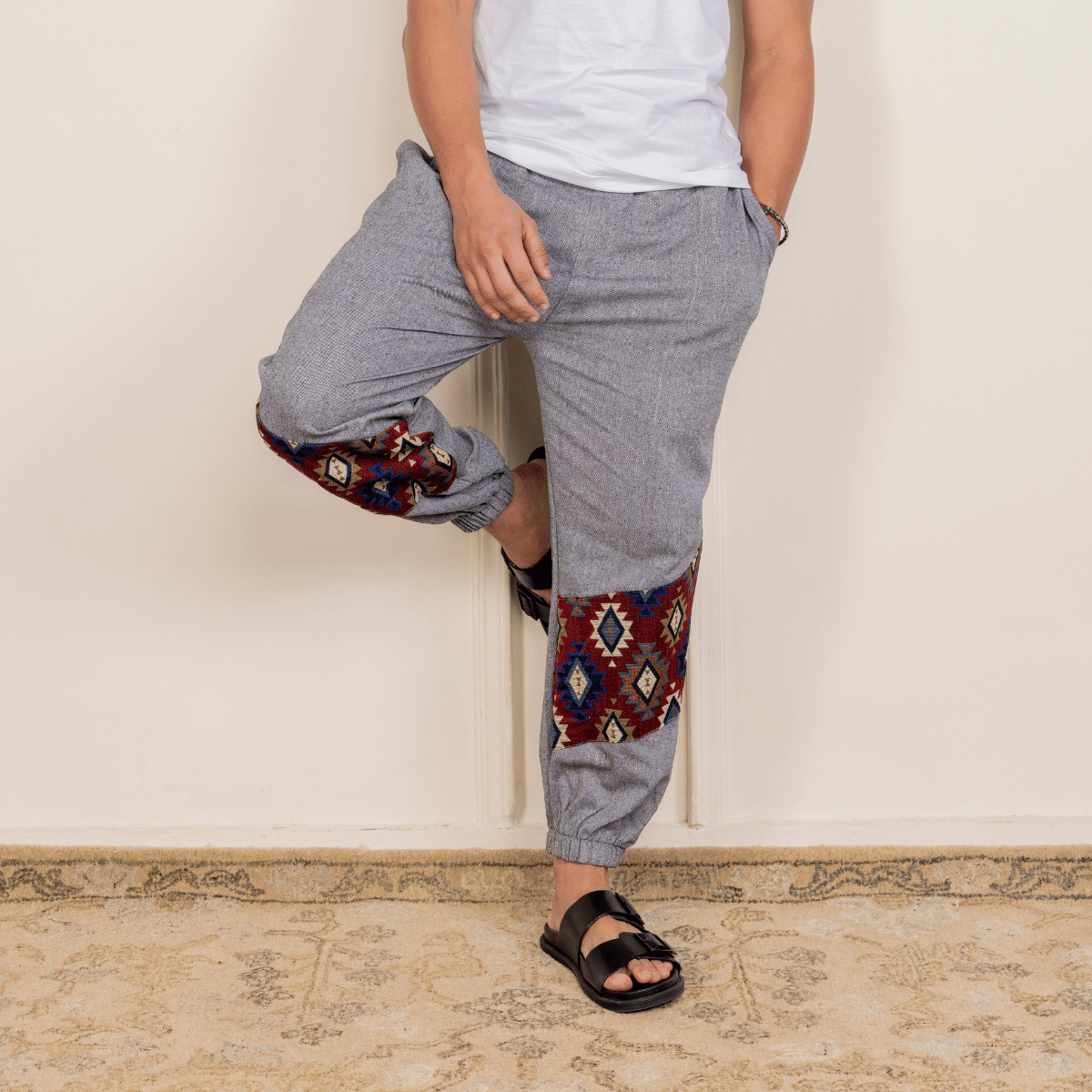 Men's Hopper Joggers | Grey with Patterned Patch| Fits Waist Sizes 30 to 38 Inches – Mens Pyjama by Hope - House of Pure Eco available on Brown Living™. . SKU: H - 2_m13. Img 5.