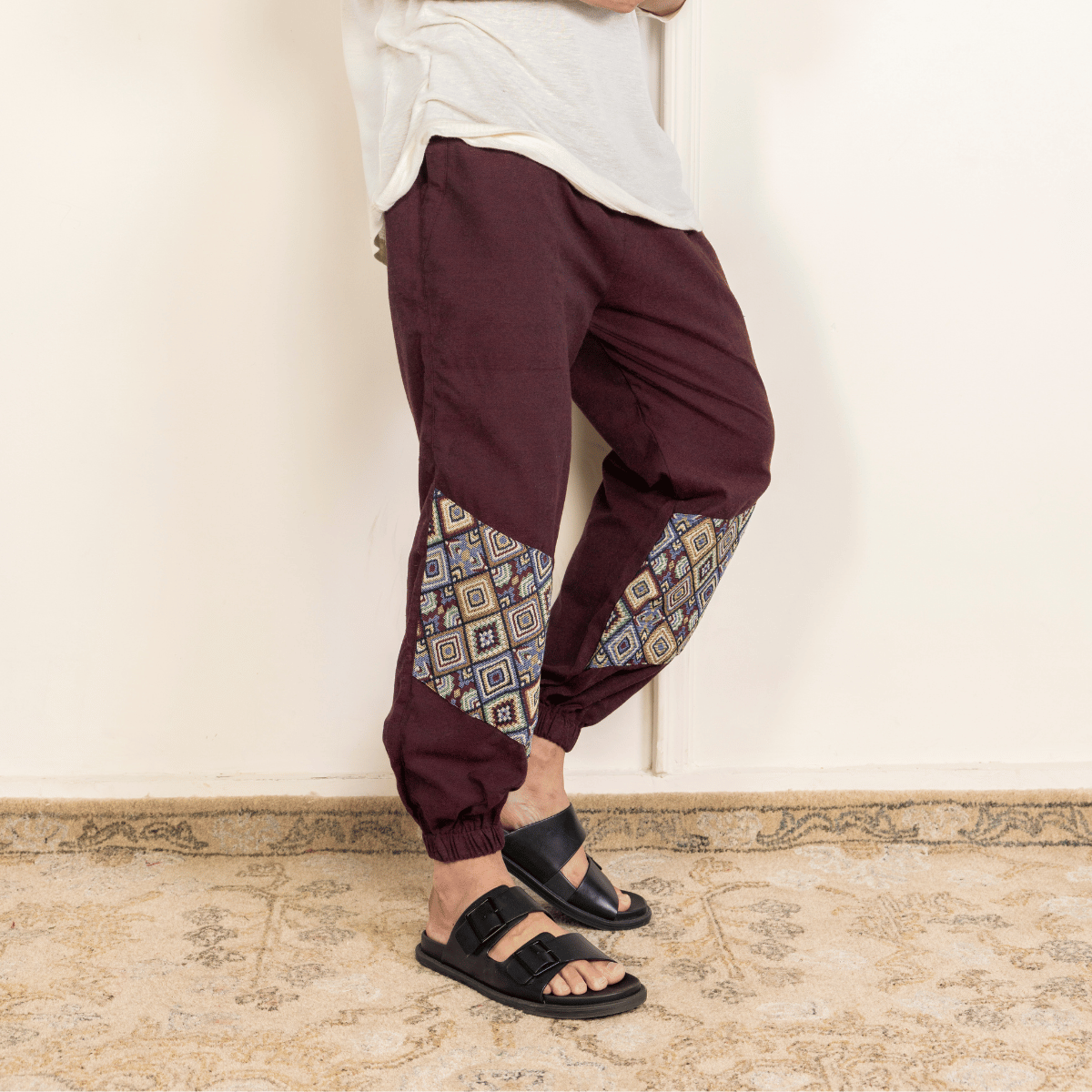 Men's Hopper Joggers | Maroon With Patterned Patchwork | Fits Waist Sizes 30 to 38 Inches – Mens Pyjama by Hope - House of Pure Eco available on Brown Living™. . SKU: H - 2_m14. Img 5.