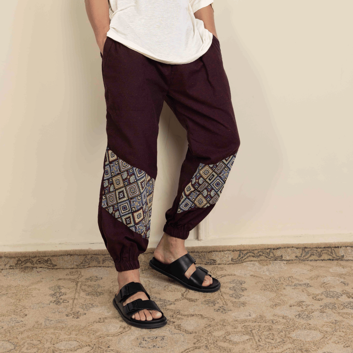 Men's Hopper Joggers | Maroon With Patterned Patchwork | Fits Waist Sizes 30 to 38 Inches – Mens Pyjama by Hope - House of Pure Eco available on Brown Living™. . SKU: H - 2_m14. Img 4.