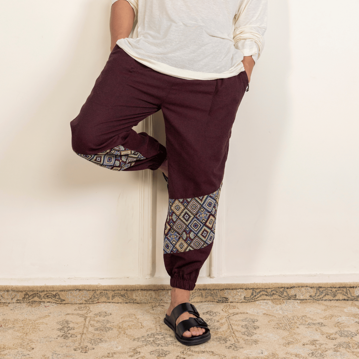 Men's Hopper Joggers | Maroon With Patterned Patchwork | Fits Waist Sizes 30 to 38 Inches – Mens Pyjama by Hope - House of Pure Eco available on Brown Living™. . SKU: H - 2_m14. Img 6.