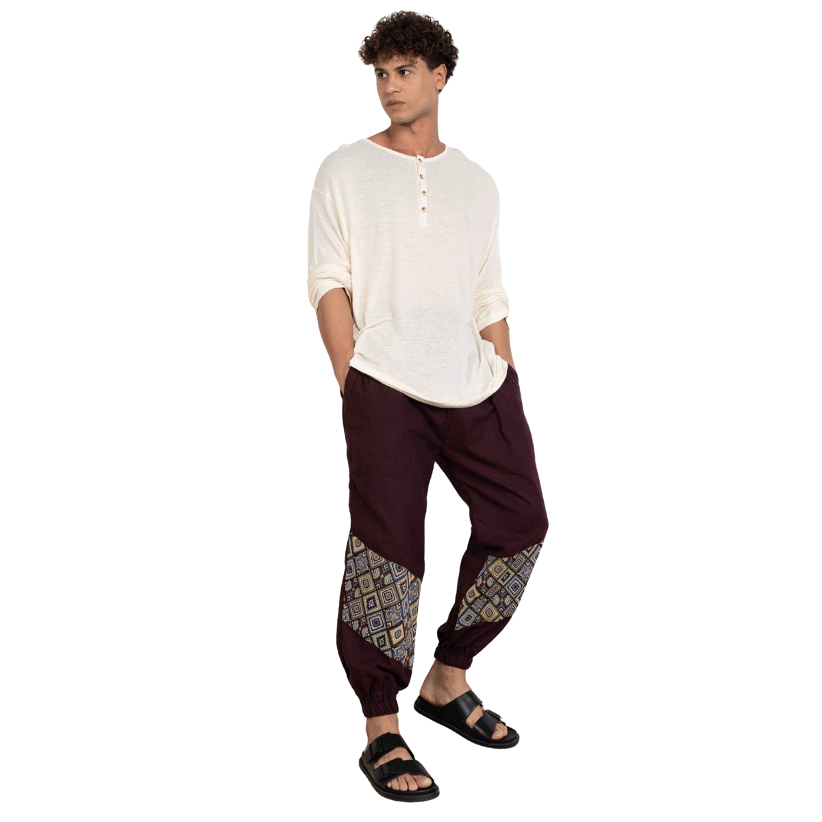 Men's Hopper Joggers | Maroon With Patterned Patchwork | Fits Waist Sizes 30 to 38 Inches – Mens Pyjama by Hope - House of Pure Eco available on Brown Living™. . SKU: H - 2_m14. Img 7.