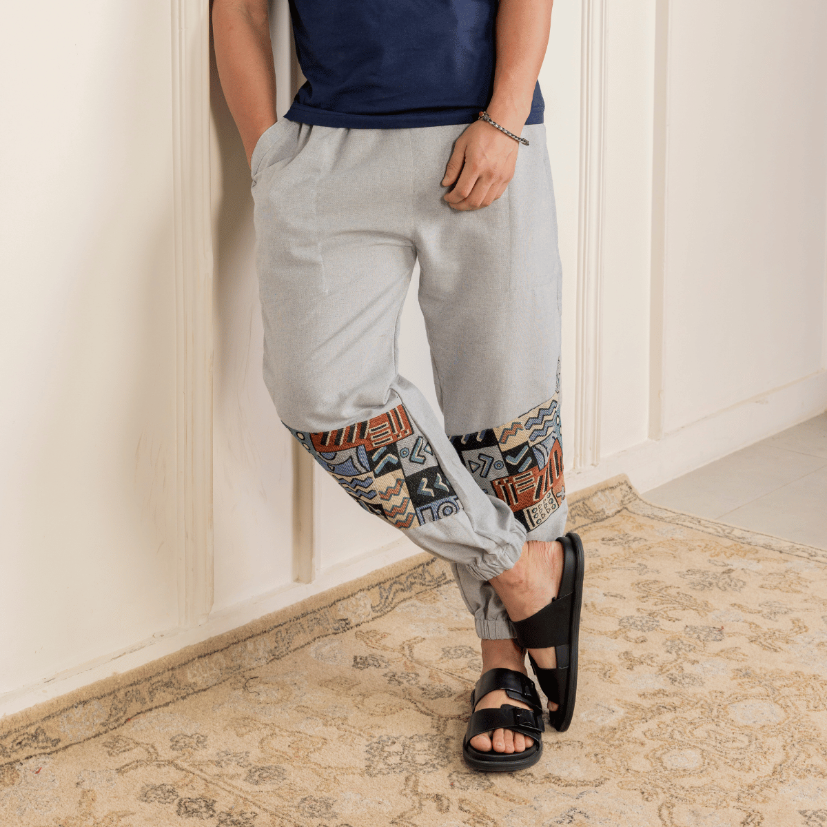 Men's Hopper Joggers | Melange Grey With Patterned Patchwork | Fits Waist Sizes 30 to 38 Inches – Mens Pyjama by Hope - House of Pure Eco available on Brown Living™. . SKU: H - 2_m17. Img 1.